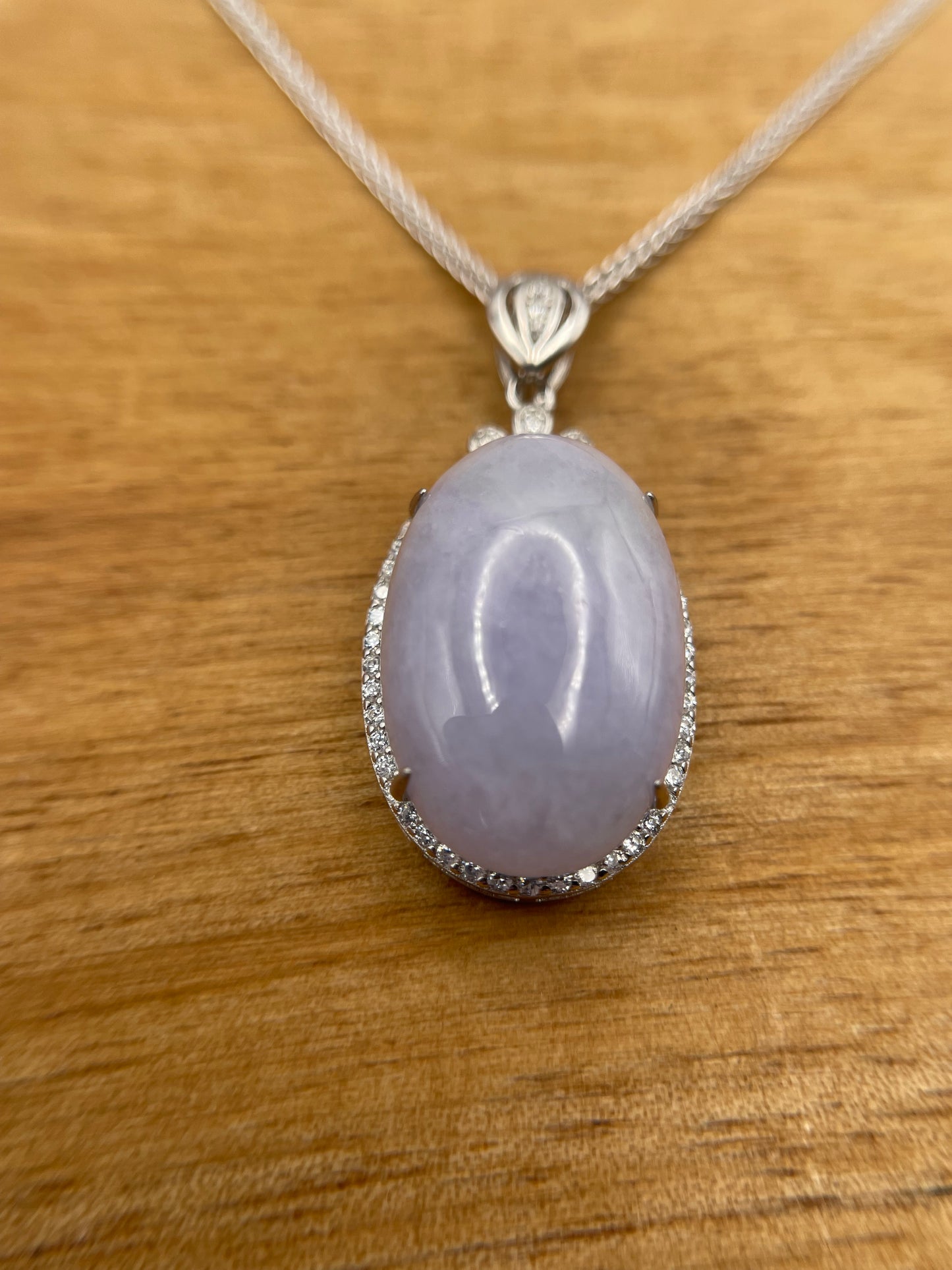 Grade A Natural Lavender Burma Jadeite Cabochon pendant With Cubic Zirconia Silver necklace