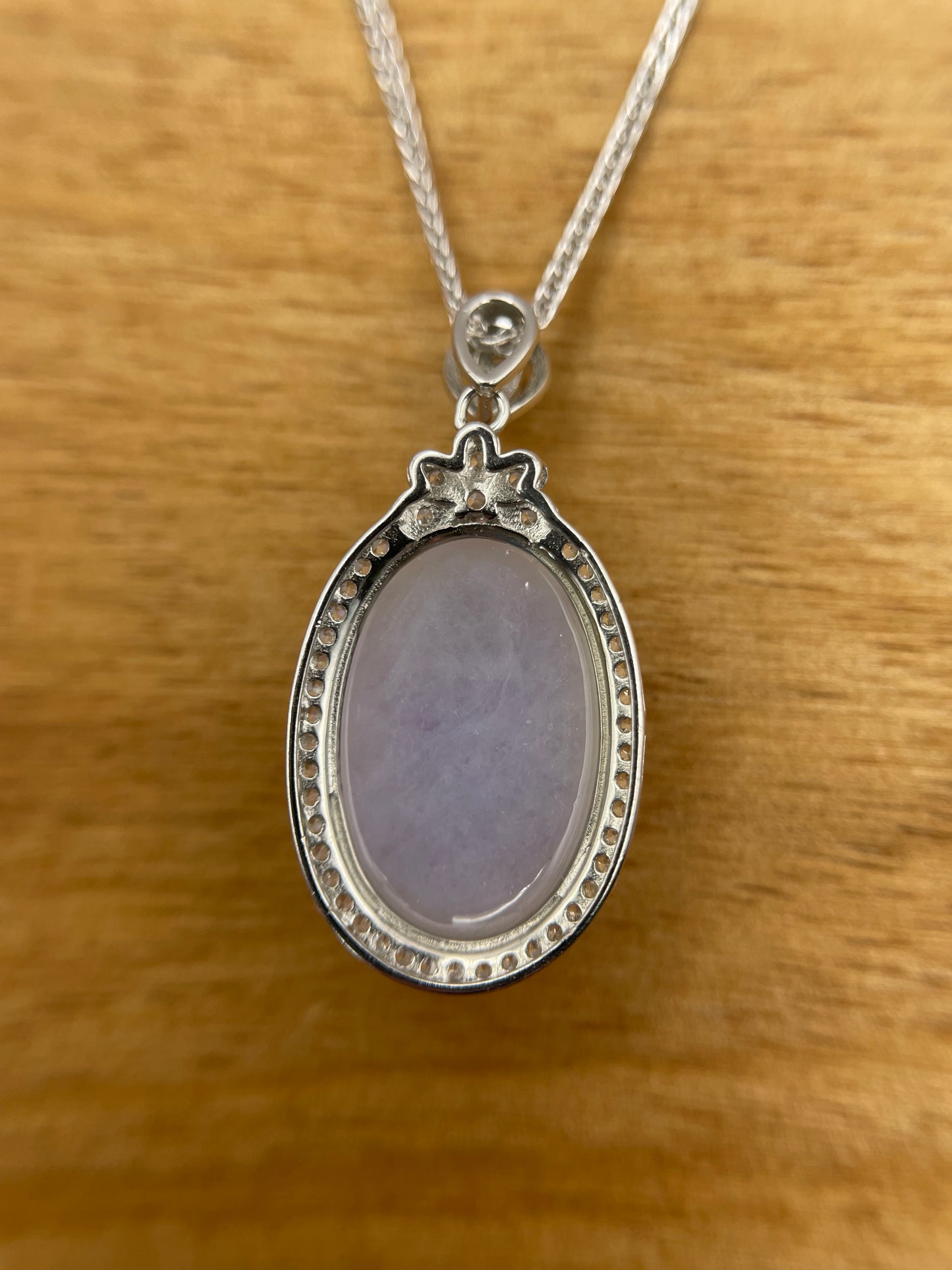 Grade A Natural Lavender Burma Jadeite Cabochon pendant With Cubic Zirconia Silver necklace