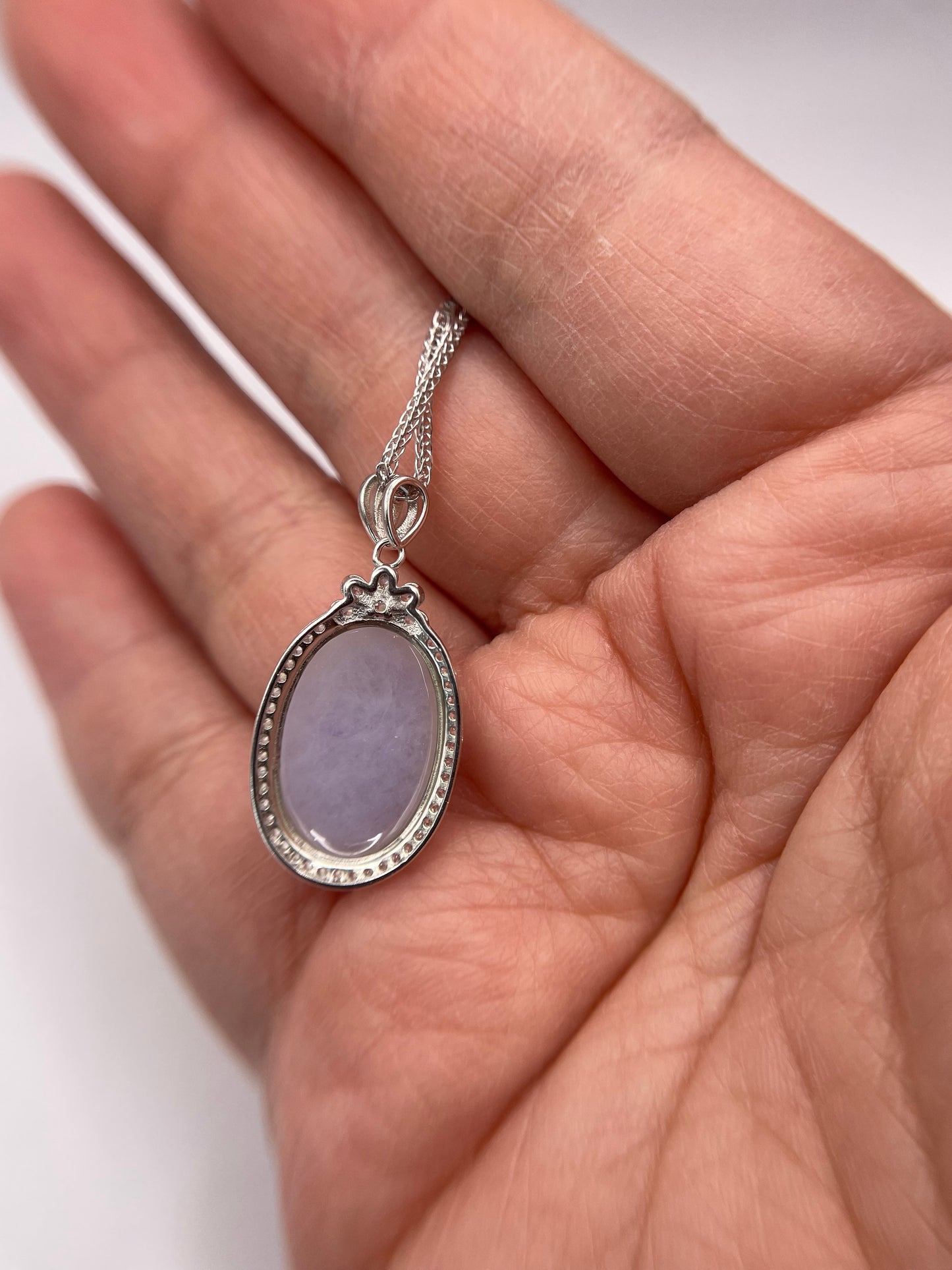 Grade A Natural Lavender Burma Jadeite Cabochon pendant With Cubic Zirconia Silver necklace