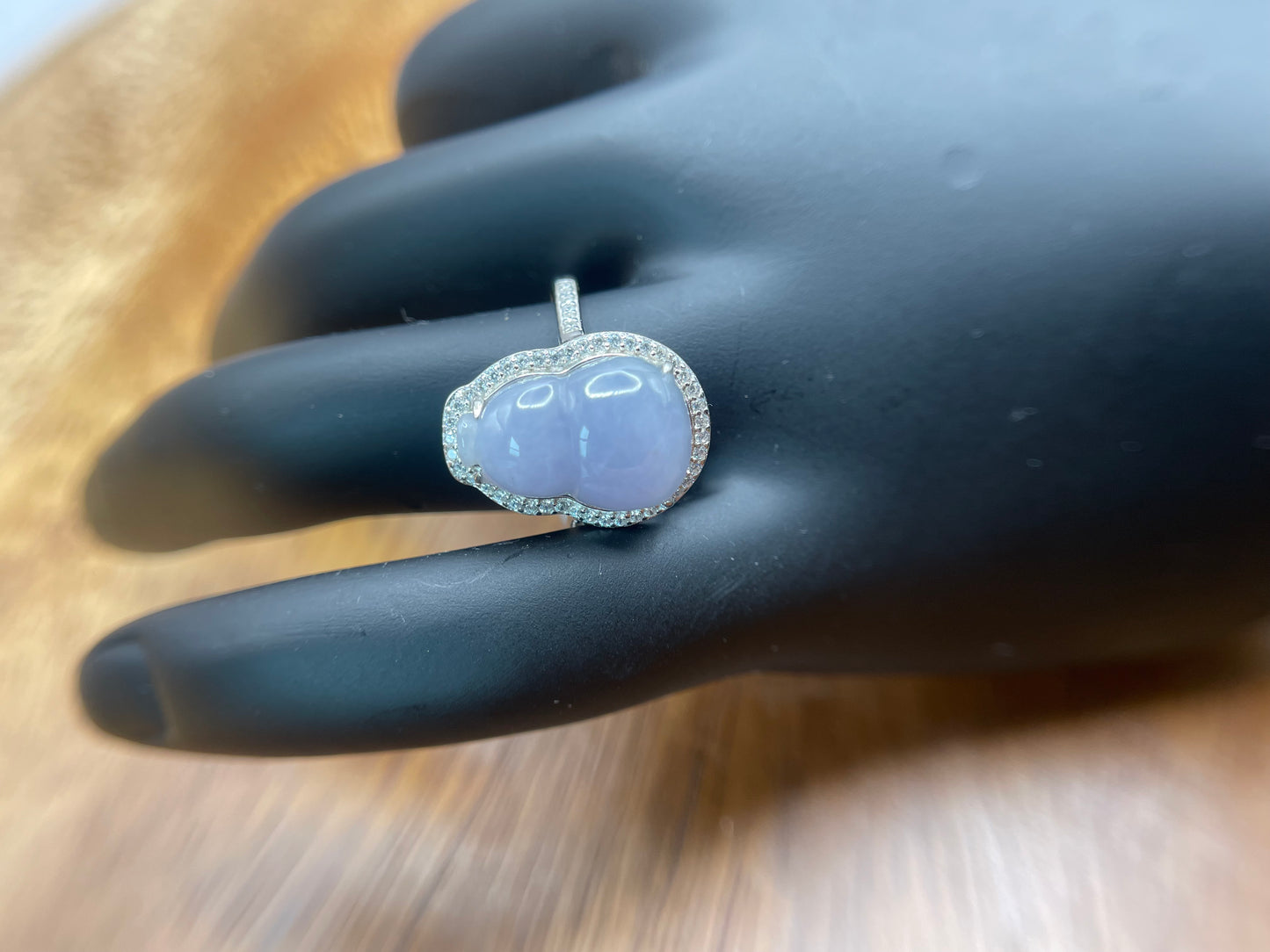 Natural grade A Burmese Lavender Jadeite gourd with Cubic Zirconia Silver Ring
