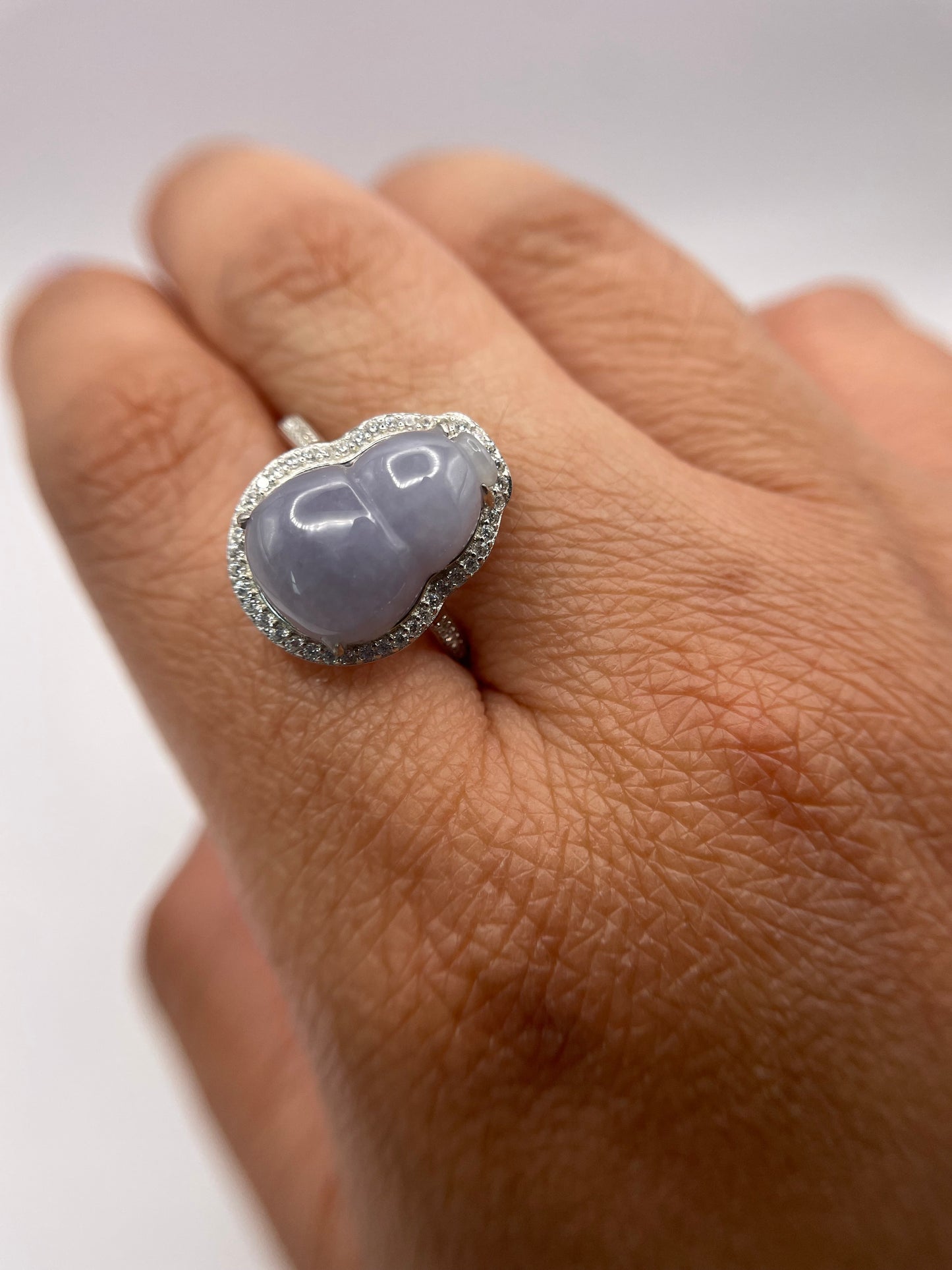 Natural grade A Burmese Lavender Jadeite gourd with Cubic Zirconia Silver Ring