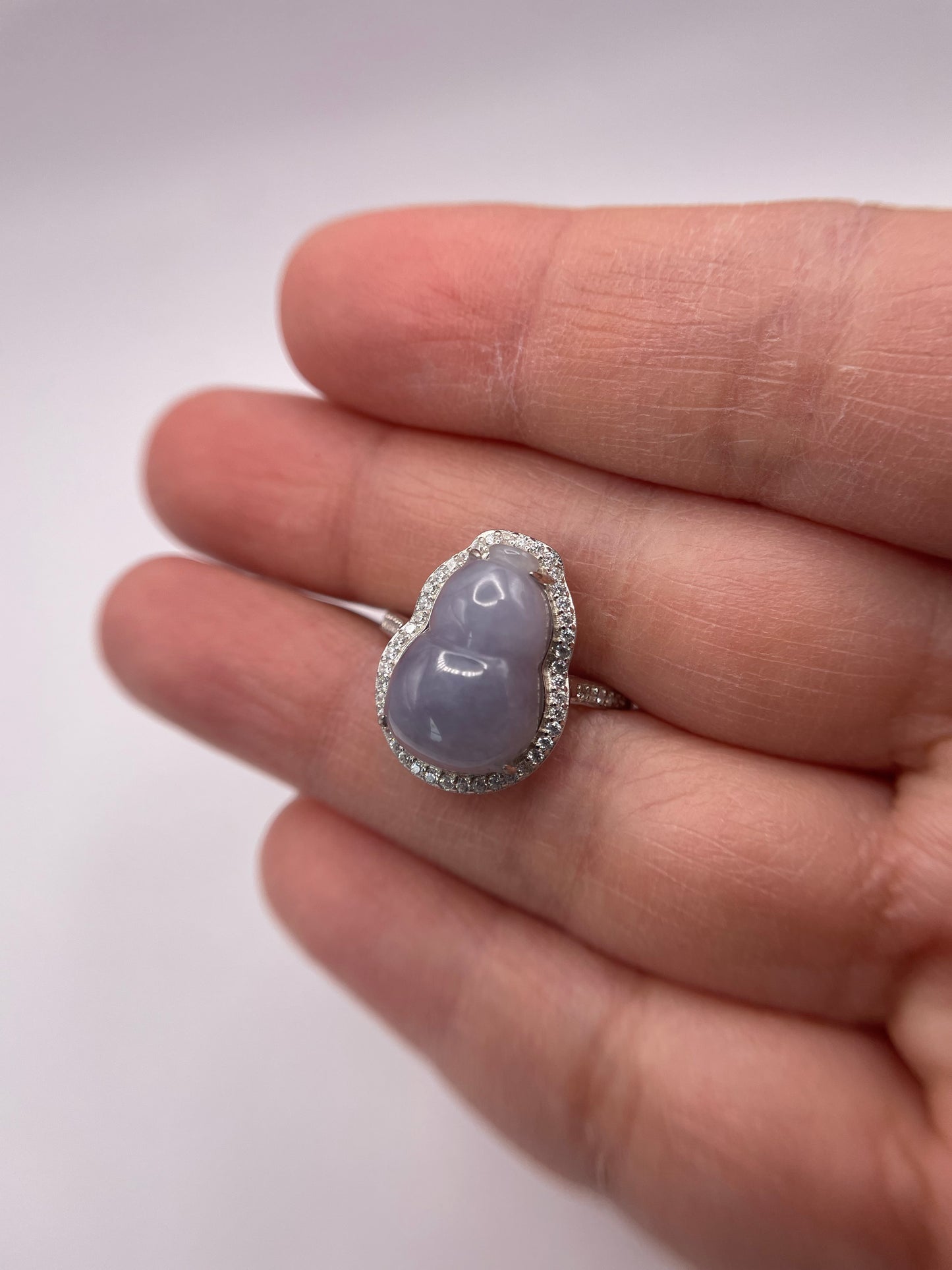 Natural grade A Burmese Lavender Jadeite gourd with Cubic Zirconia Silver Ring