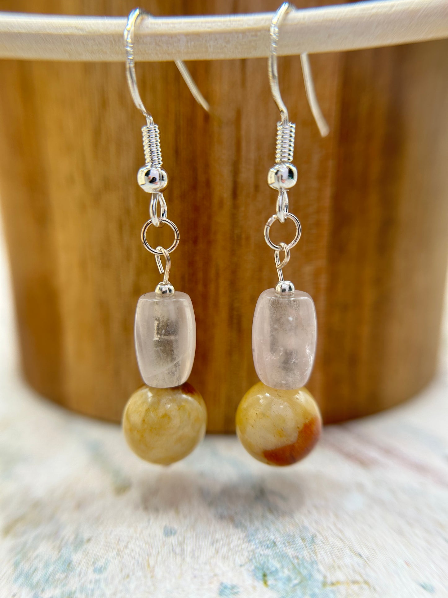 Natural Grade A  Fresh Beige Burmese Jadeite beads and rose Quartz  925 silver earring