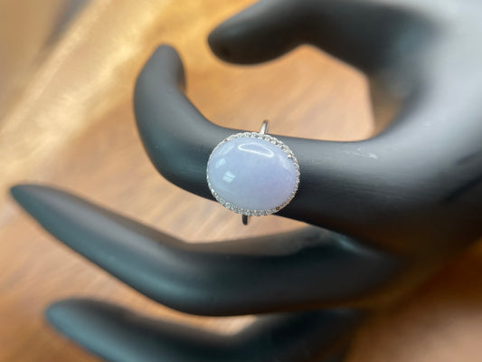 Natural grade A Burmese Lavender Jadeite cabochon with Cubic Zirconia Silver Ring