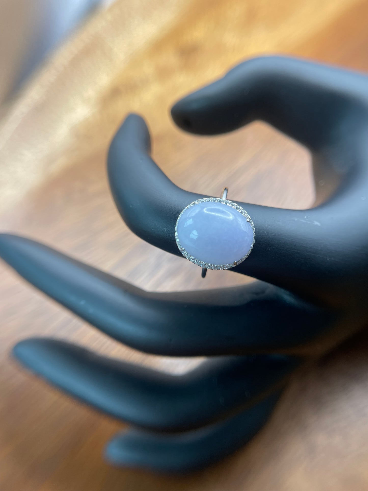 Natural grade A Burmese Lavender Jadeite cabochon with Cubic Zirconia Silver Ring