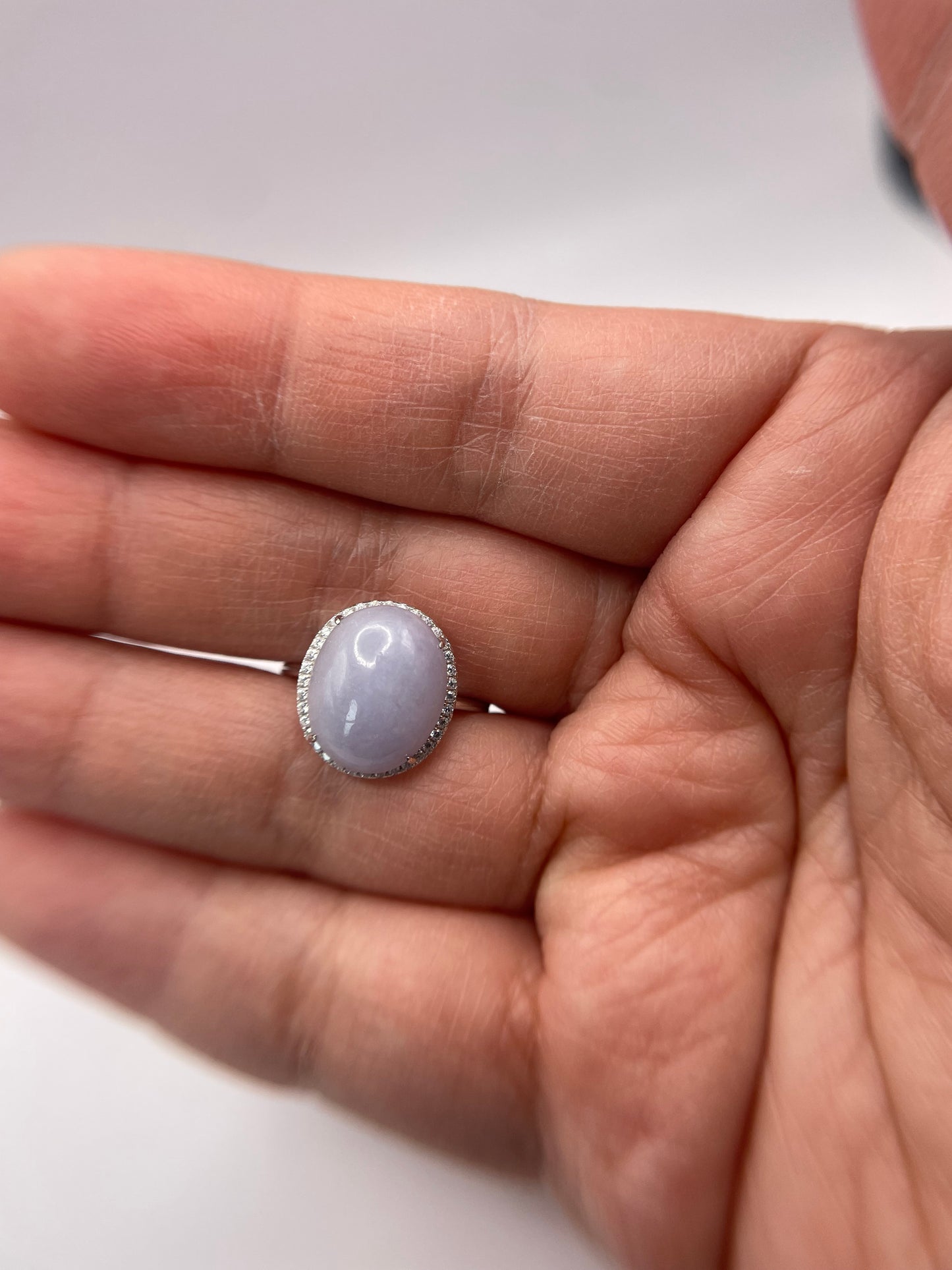 Natural grade A Burmese Lavender Jadeite cabochon with Cubic Zirconia Silver Ring