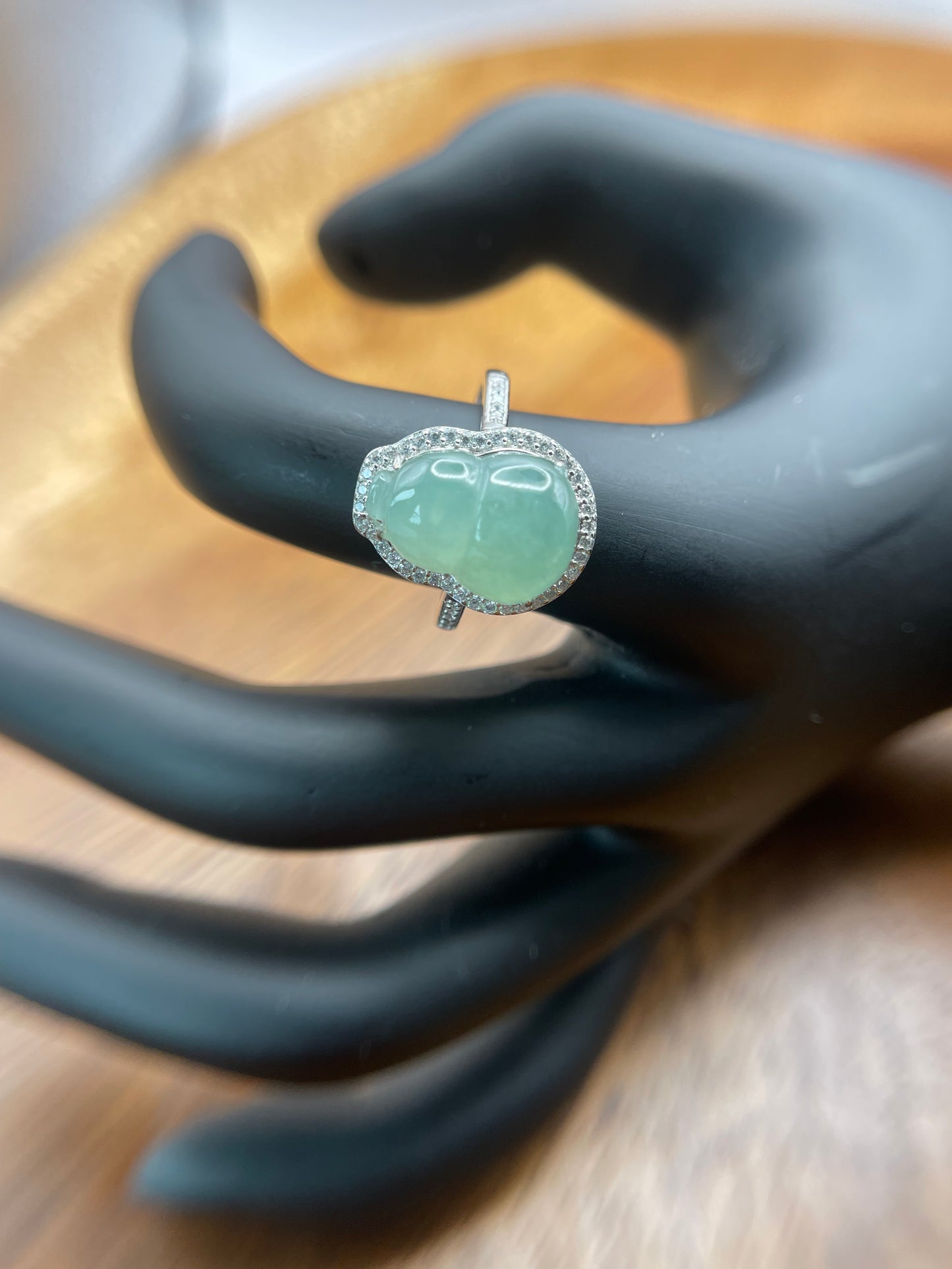 Natural grade A Burmese Green Gourd Jadeite  with Cubic Zirconia Silver Ring