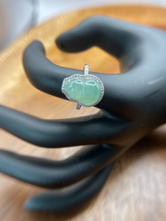 Natural grade A Burmese Green Gourd Jadeite  with Cubic Zirconia Silver Ring
