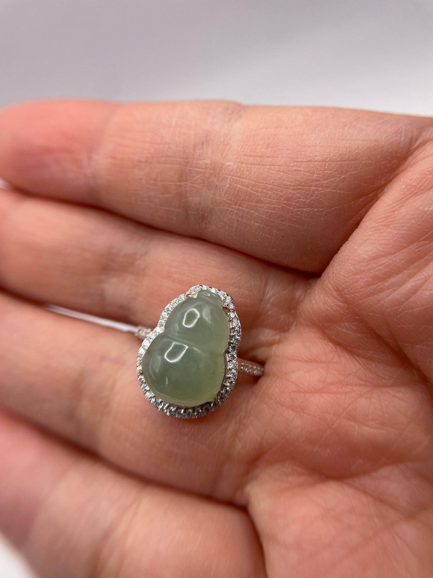 Natural grade A Burmese Green Gourd Jadeite  with Cubic Zirconia Silver Ring