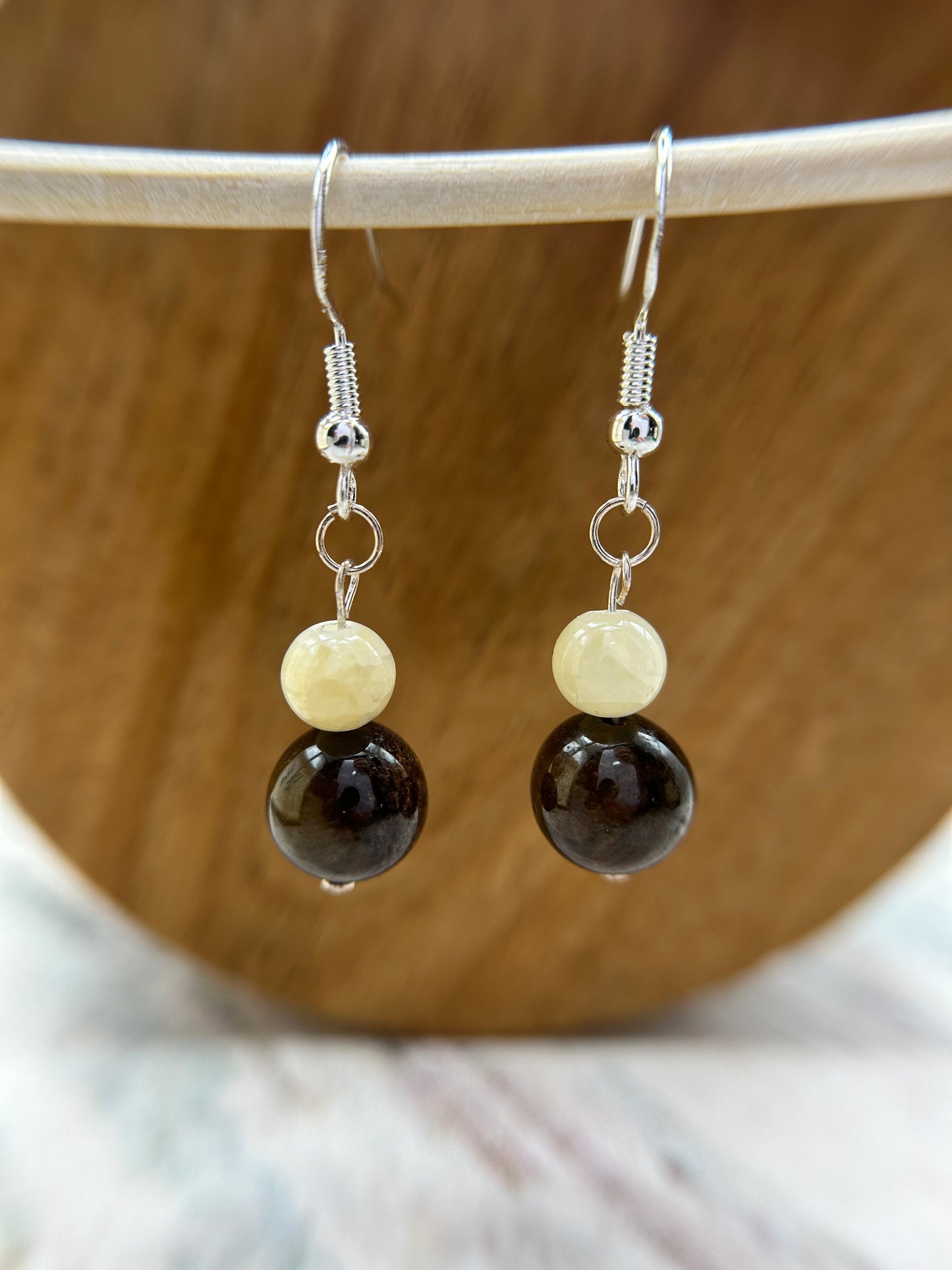 Natural Grade A Fresh Brown and yellow Burmese Jadeite beads 925 silver earring