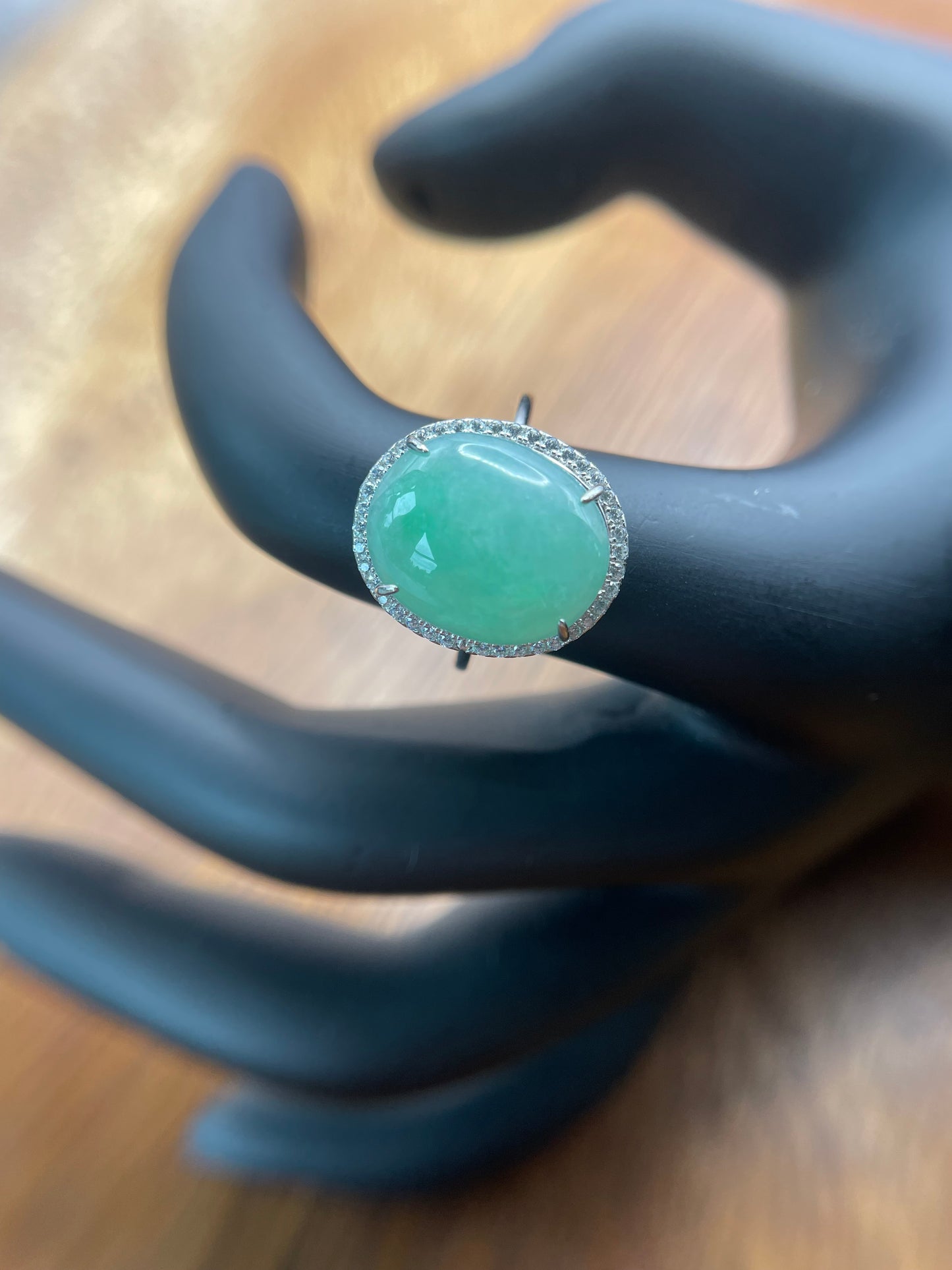 Natural grade A Burmese Icy Green Jadeite cabochon with Cubic Zirconia Silver Ring
