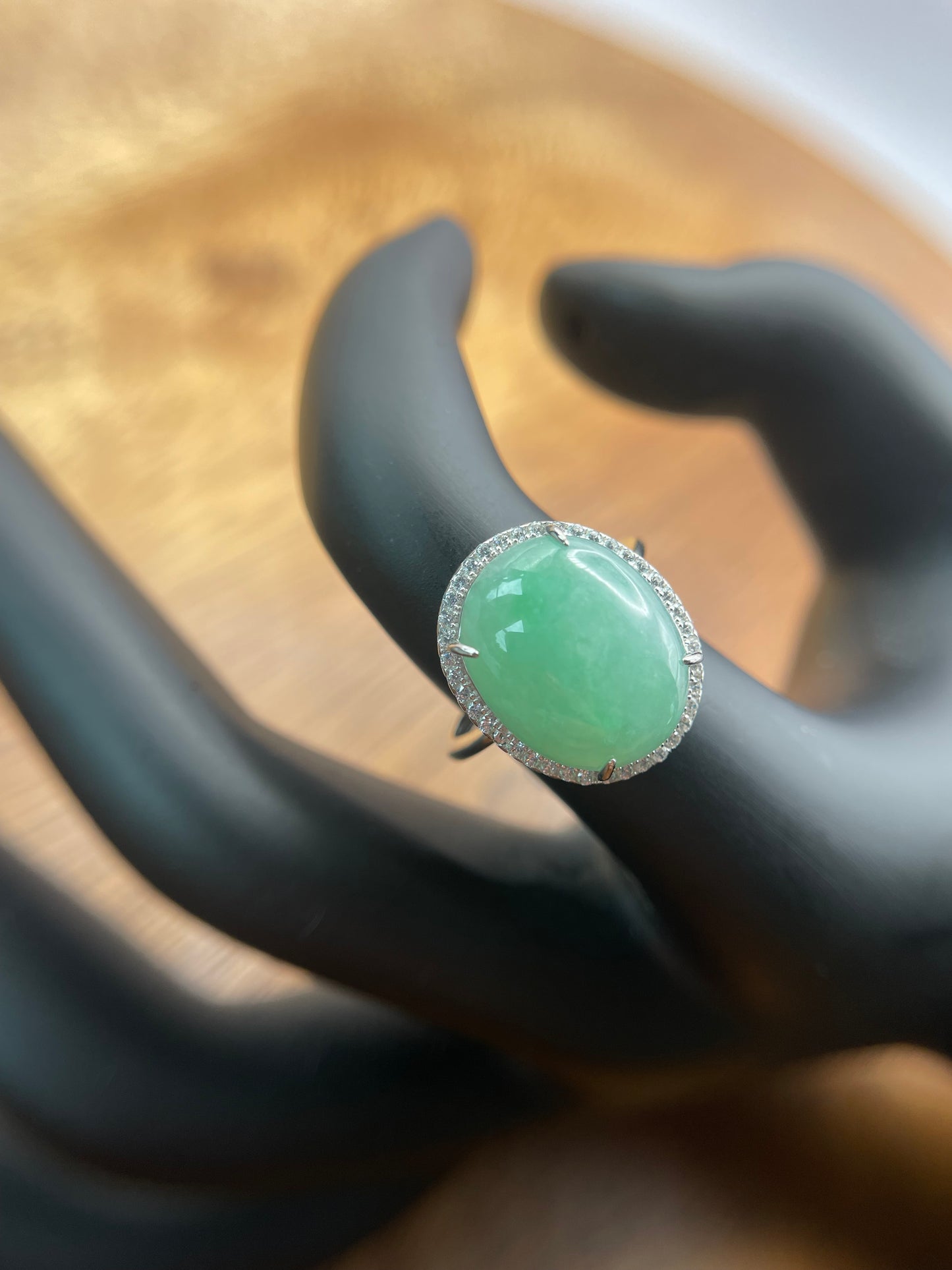 Natural grade A Burmese Icy Green Jadeite cabochon with Cubic Zirconia Silver Ring