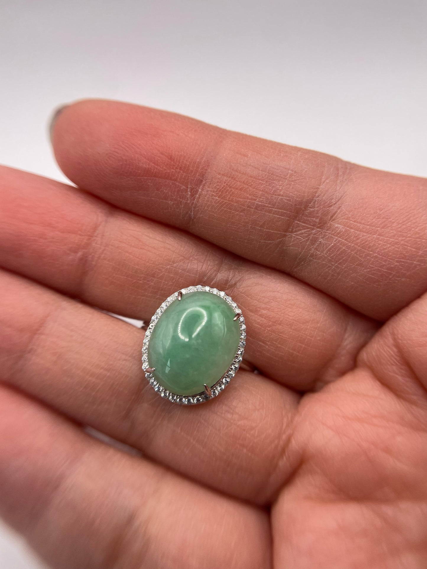 Natural grade A Burmese Icy Green Jadeite cabochon with Cubic Zirconia Silver Ring