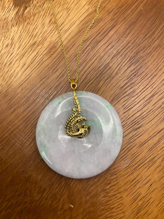 Grade A Natural lavender Jadeite Pi Disc ( peng on kou, donut) pendant with  Gold over sterling silver