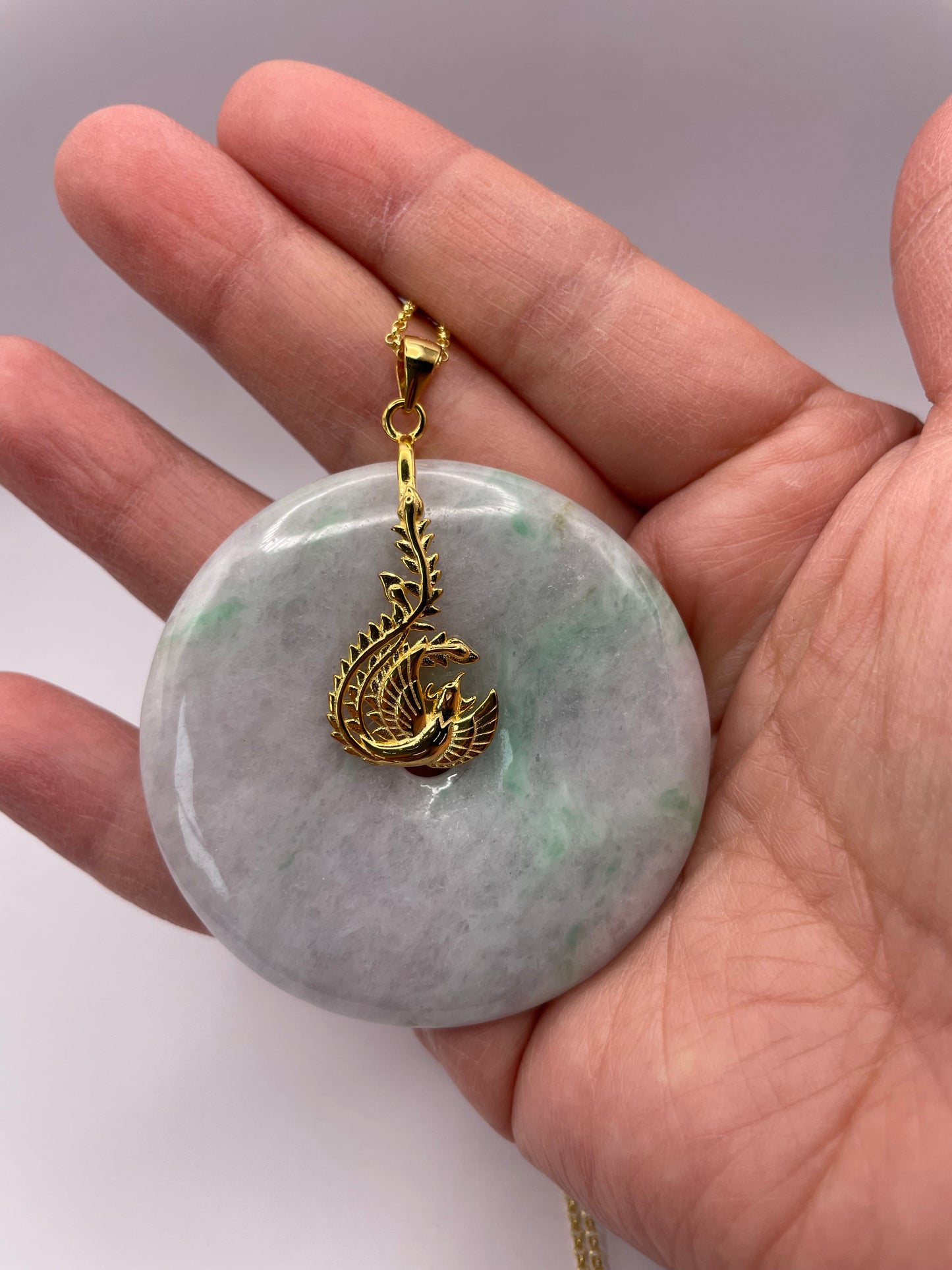 Grade A Natural lavender Jadeite Pi Disc ( peng on kou, donut) pendant with  Gold over sterling silver