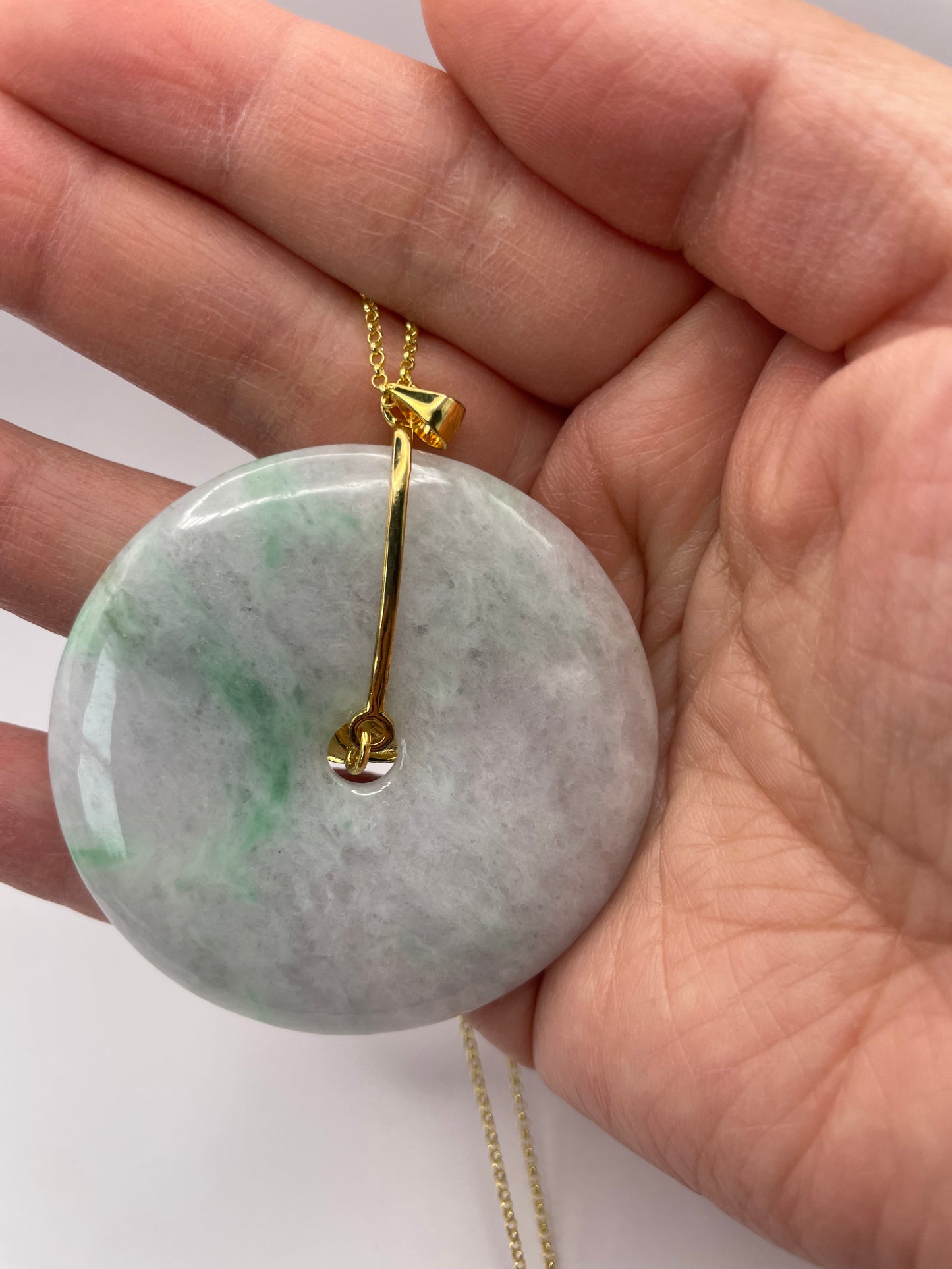 Grade A Natural lavender Jadeite Pi Disc ( peng on kou, donut) pendant with  Gold over sterling silver
