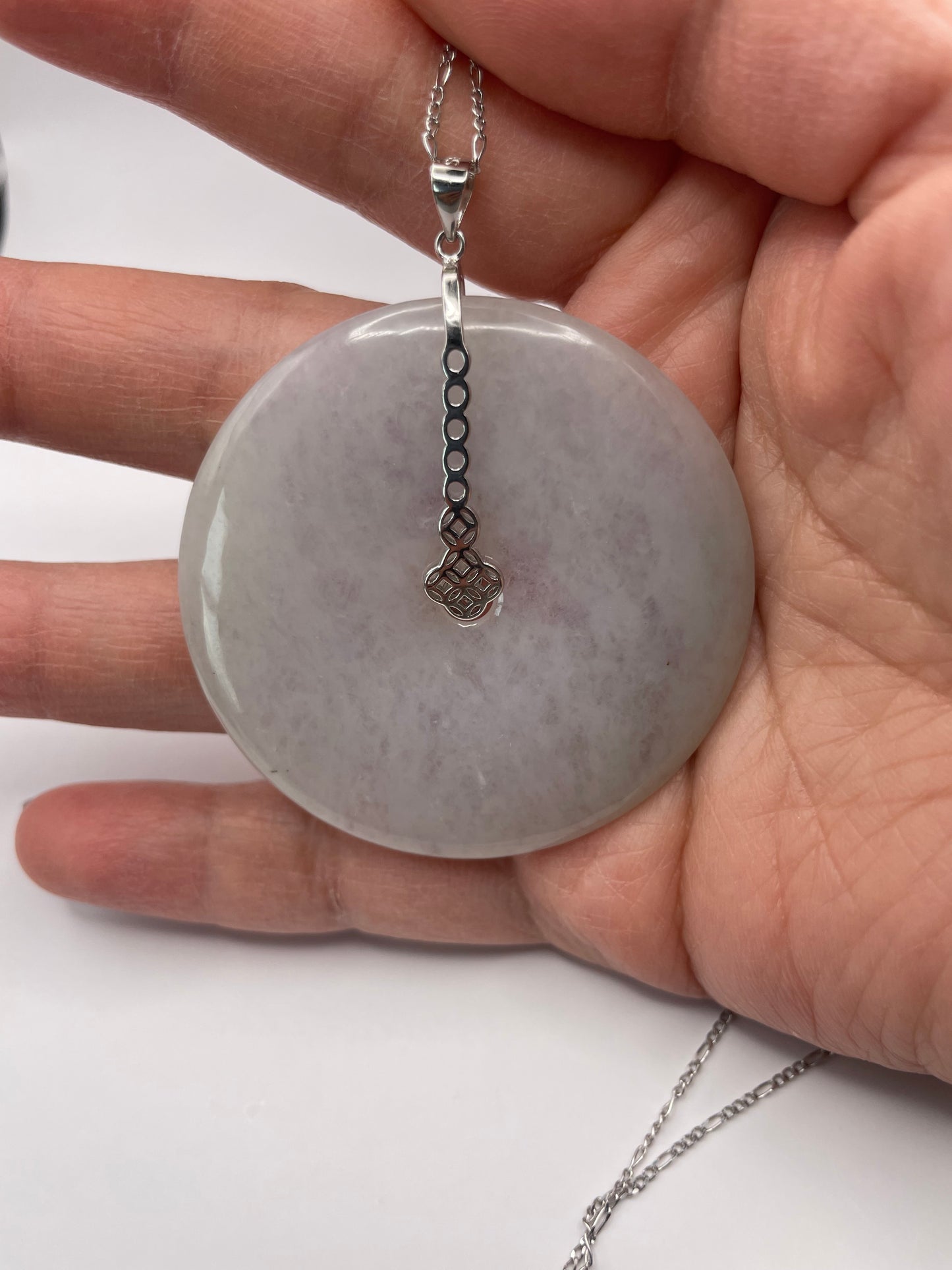 Grade A Natural lavender Jadeite Pi Disc ( peng on kou, donut) pendant with  sterling silver