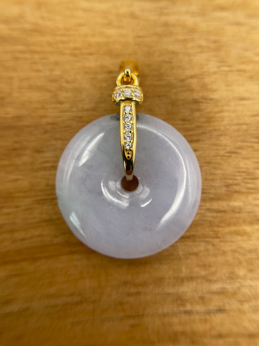 Grade A Natural lavender Jadeite Pi Disc ( peng on kou, donut) pendant with  Gold over sterling silver bail