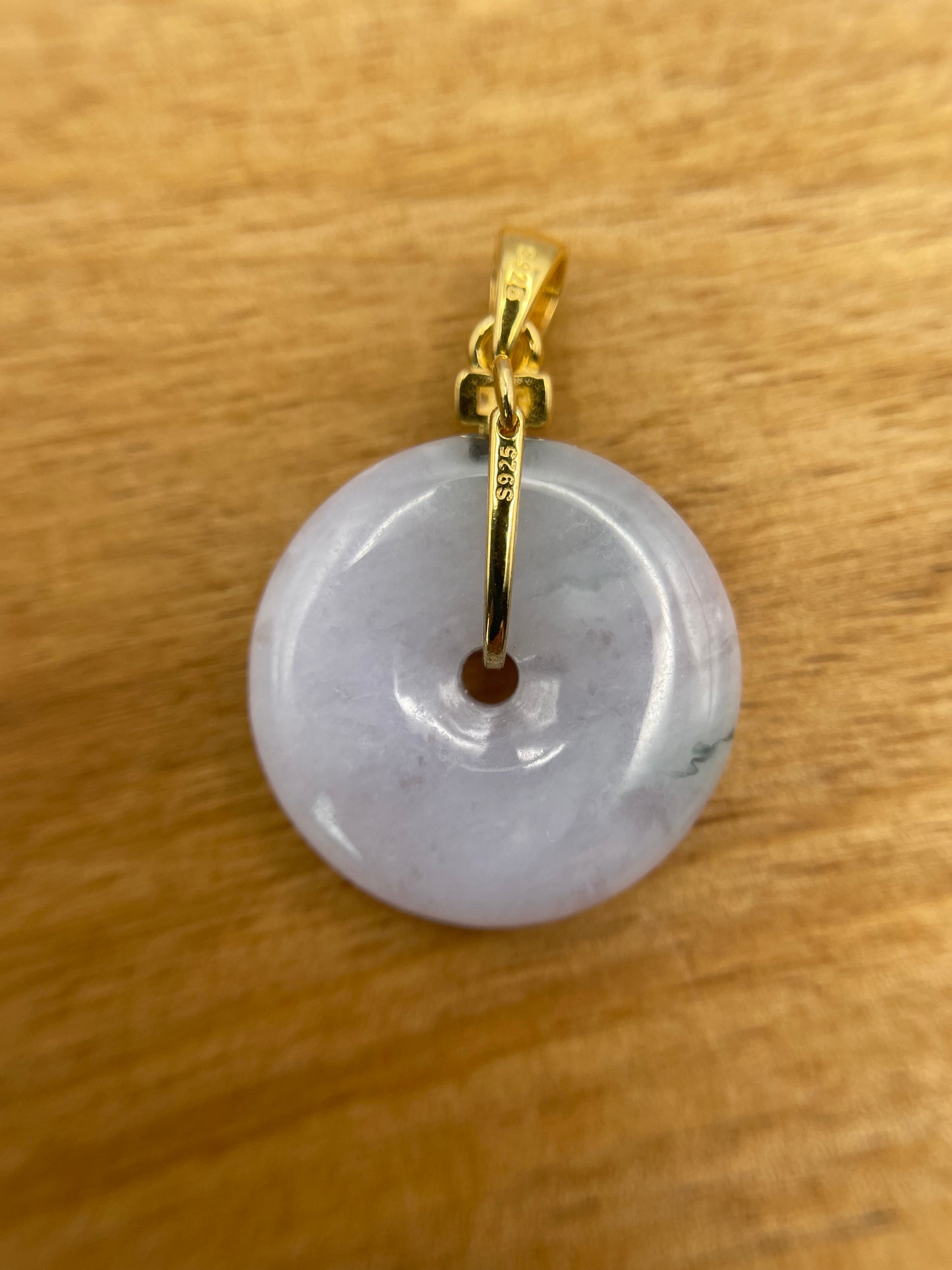 Grade A Natural lavender Jadeite Pi Disc ( peng on kou, donut) pendant with  Gold over sterling silver bail