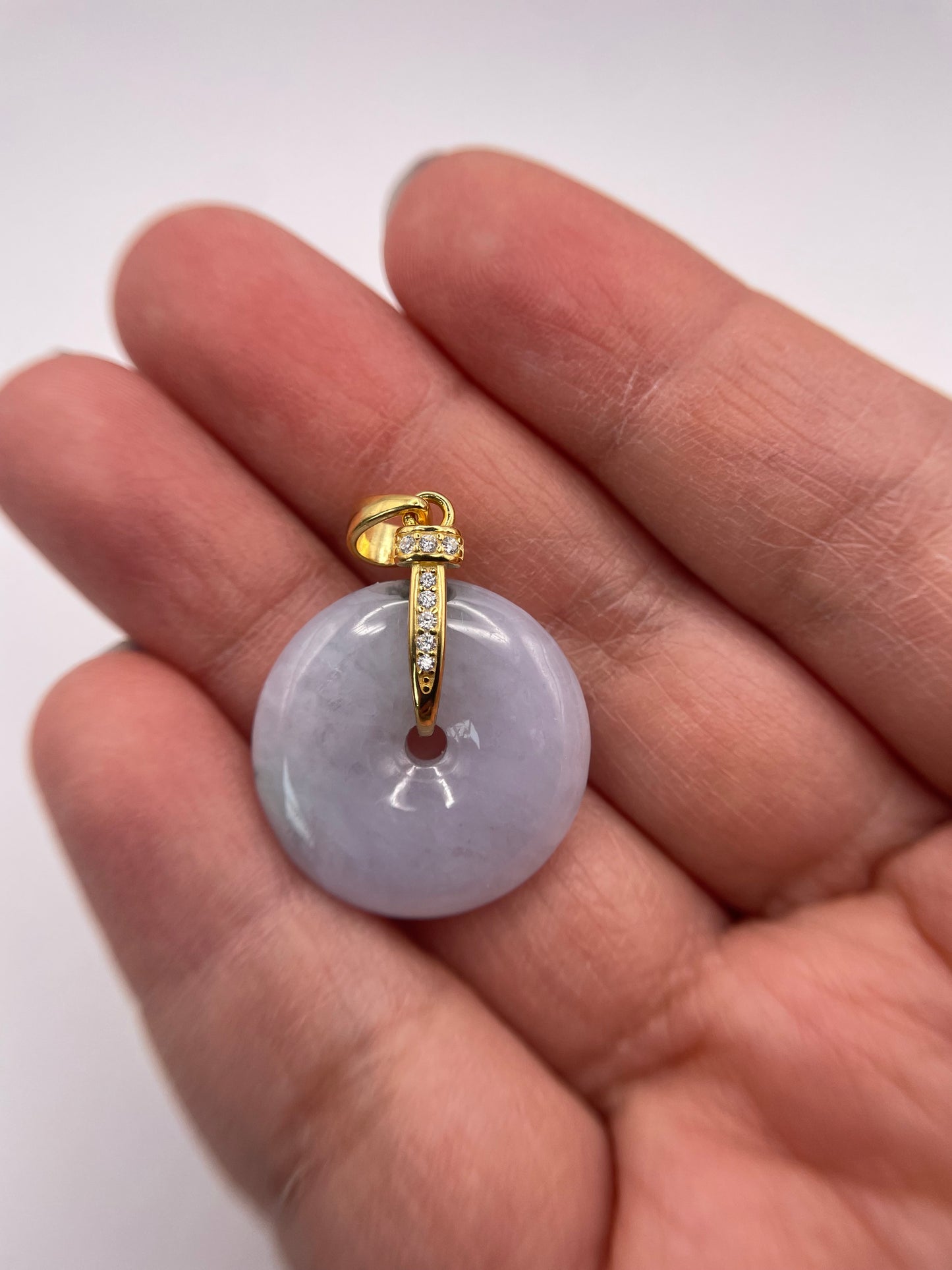 Grade A Natural lavender Jadeite Pi Disc ( peng on kou, donut) pendant with  Gold over sterling silver bail