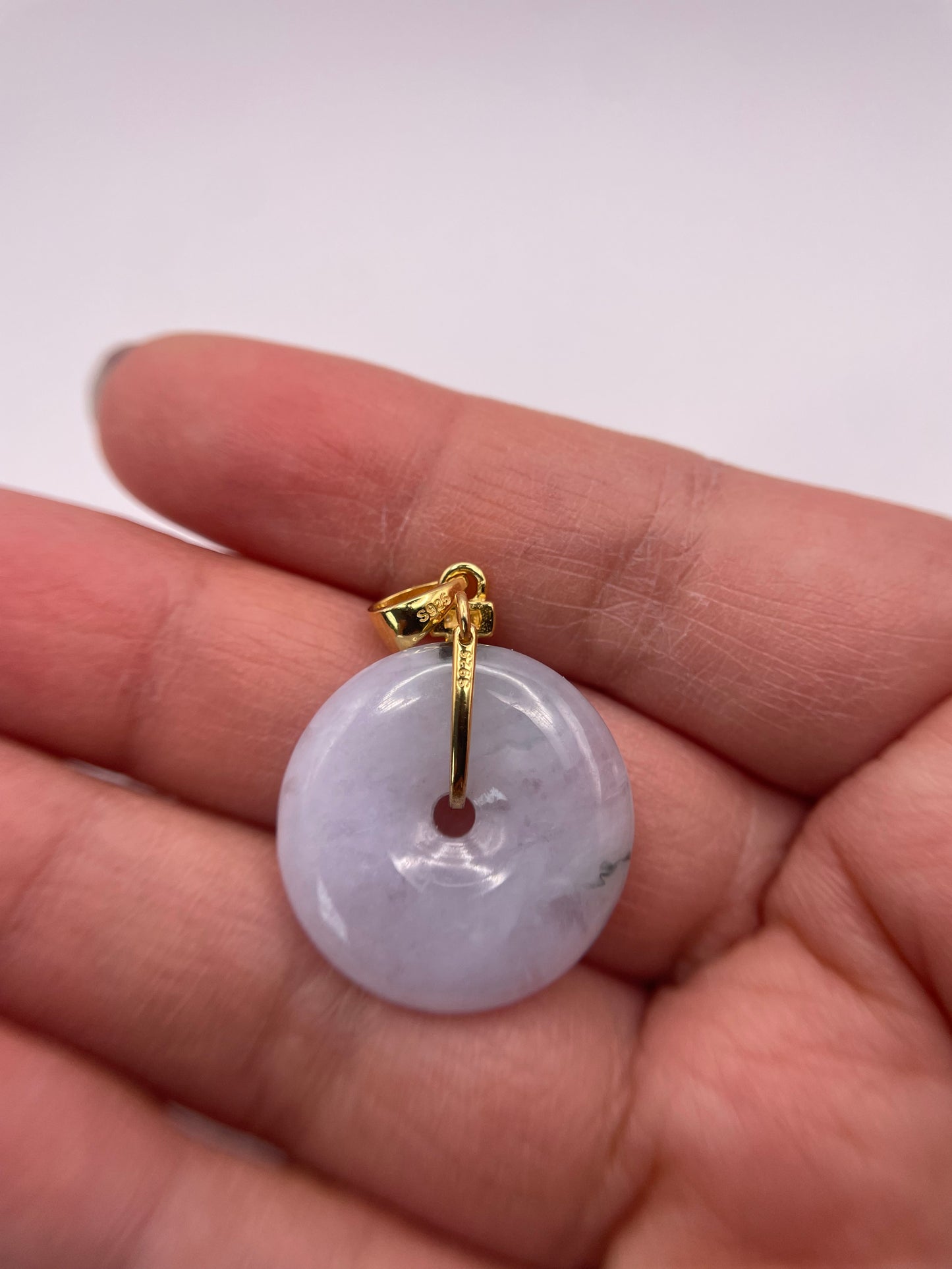 Grade A Natural lavender Jadeite Pi Disc ( peng on kou, donut) pendant with  Gold over sterling silver bail