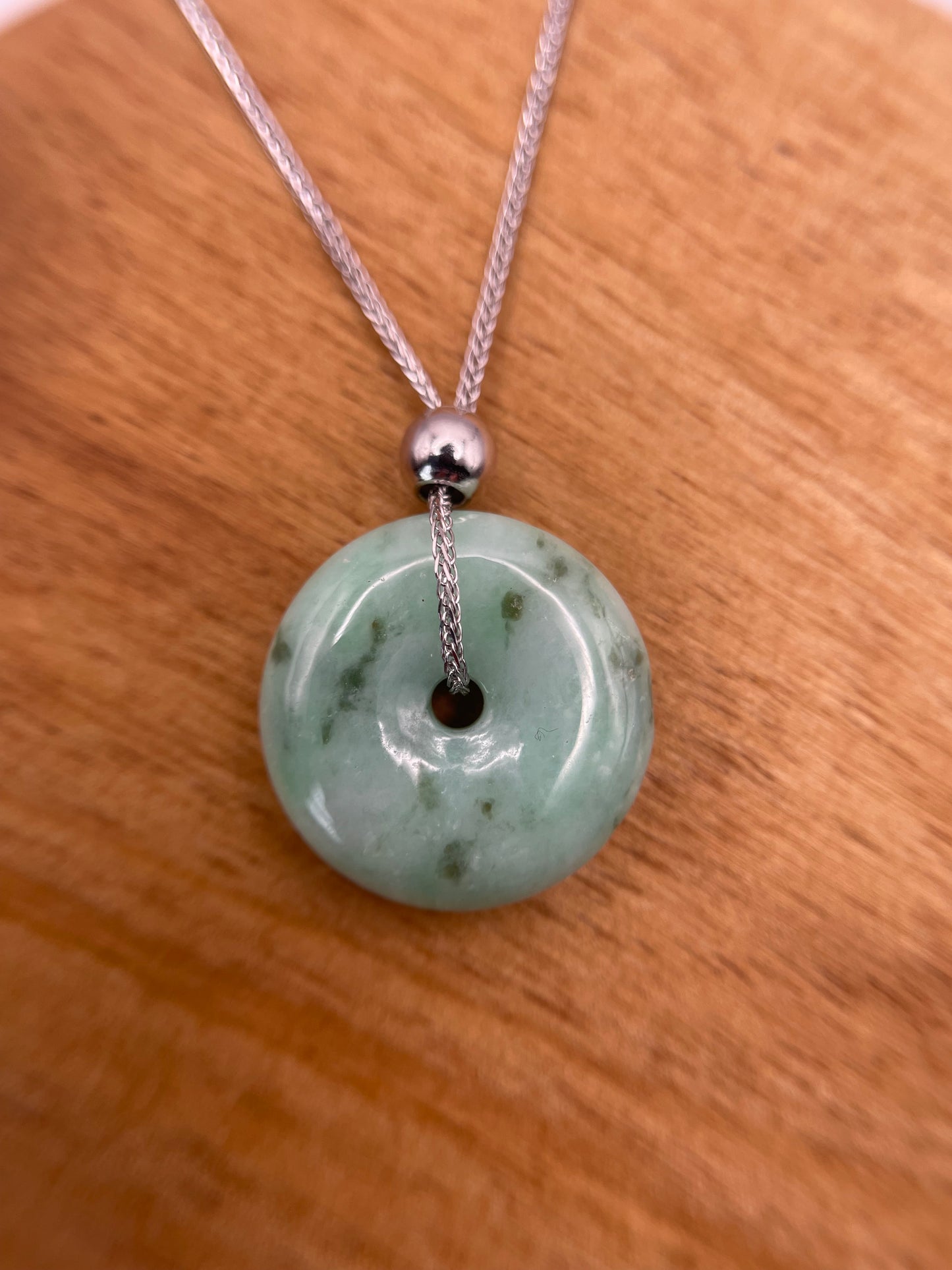 Grade A Natural  green Jadeite Pi Disc pendant silver necklace