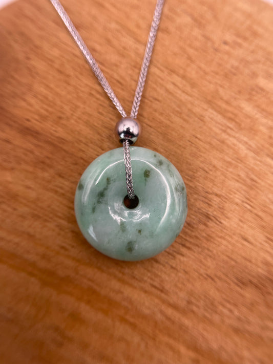 Grade A Natural  green Jadeite Pi Disc pendant silver necklace
