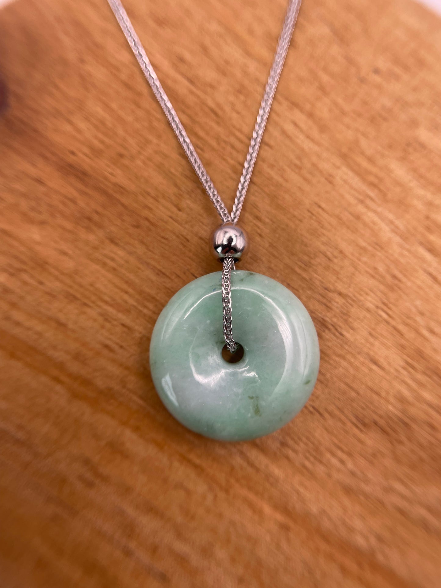 Grade A Natural  green Jadeite Pi Disc pendant silver necklace