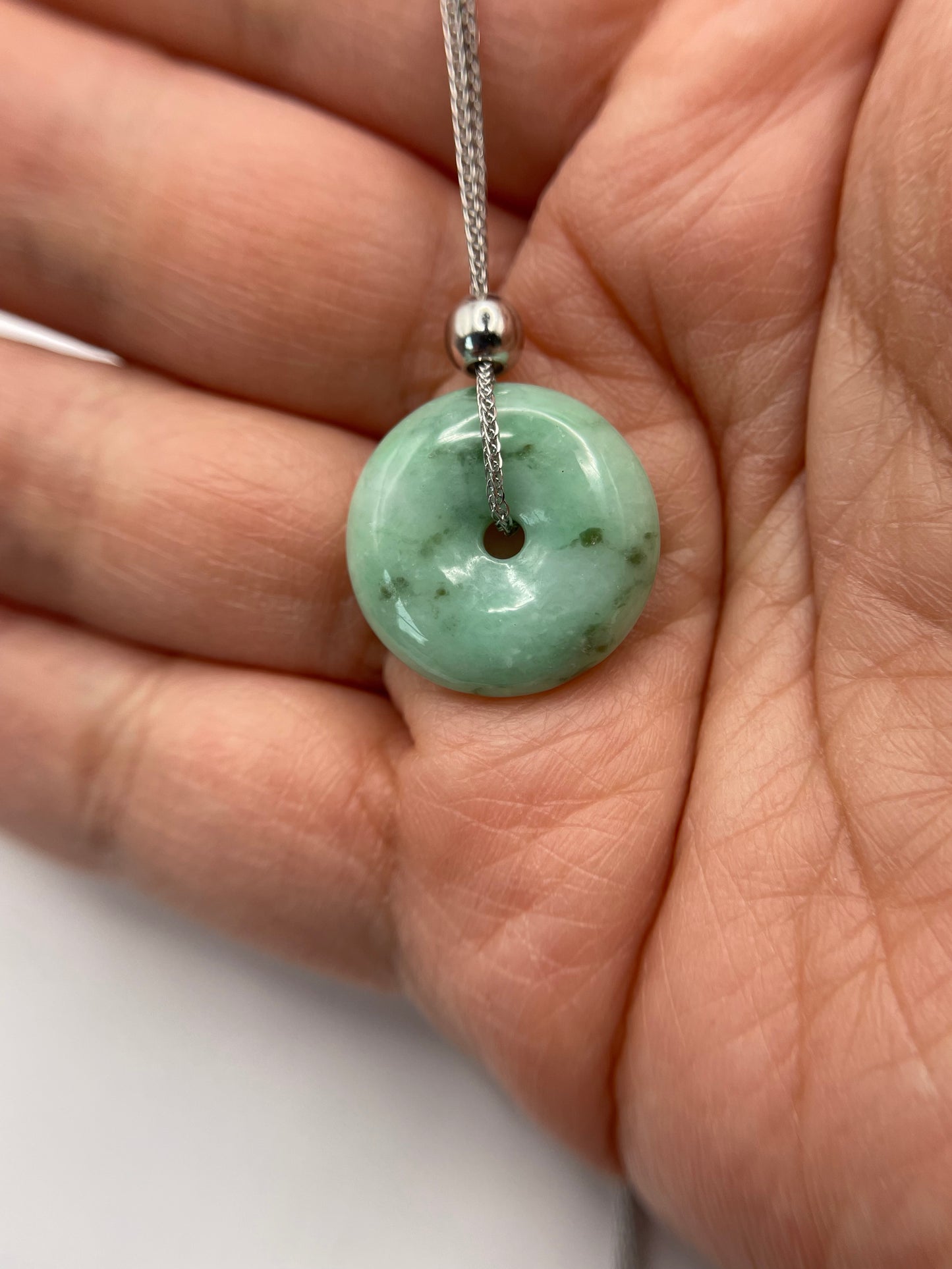 Grade A Natural  green Jadeite Pi Disc pendant silver necklace