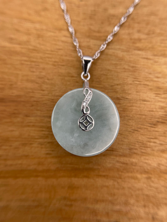 Grade A Natural  green Jadeite Pi Disc pendant silver necklace