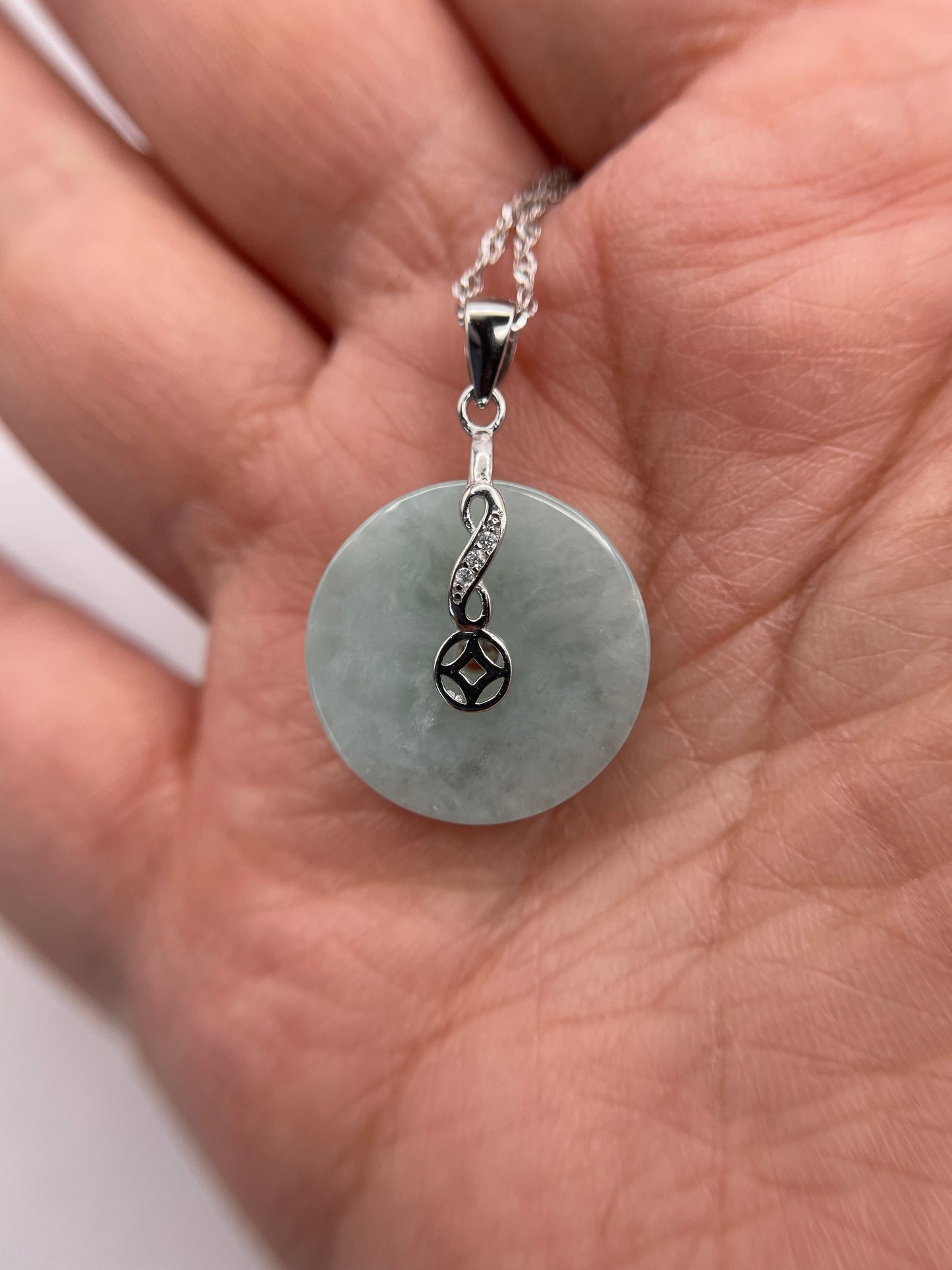 Grade A Natural  green Jadeite Pi Disc pendant silver necklace