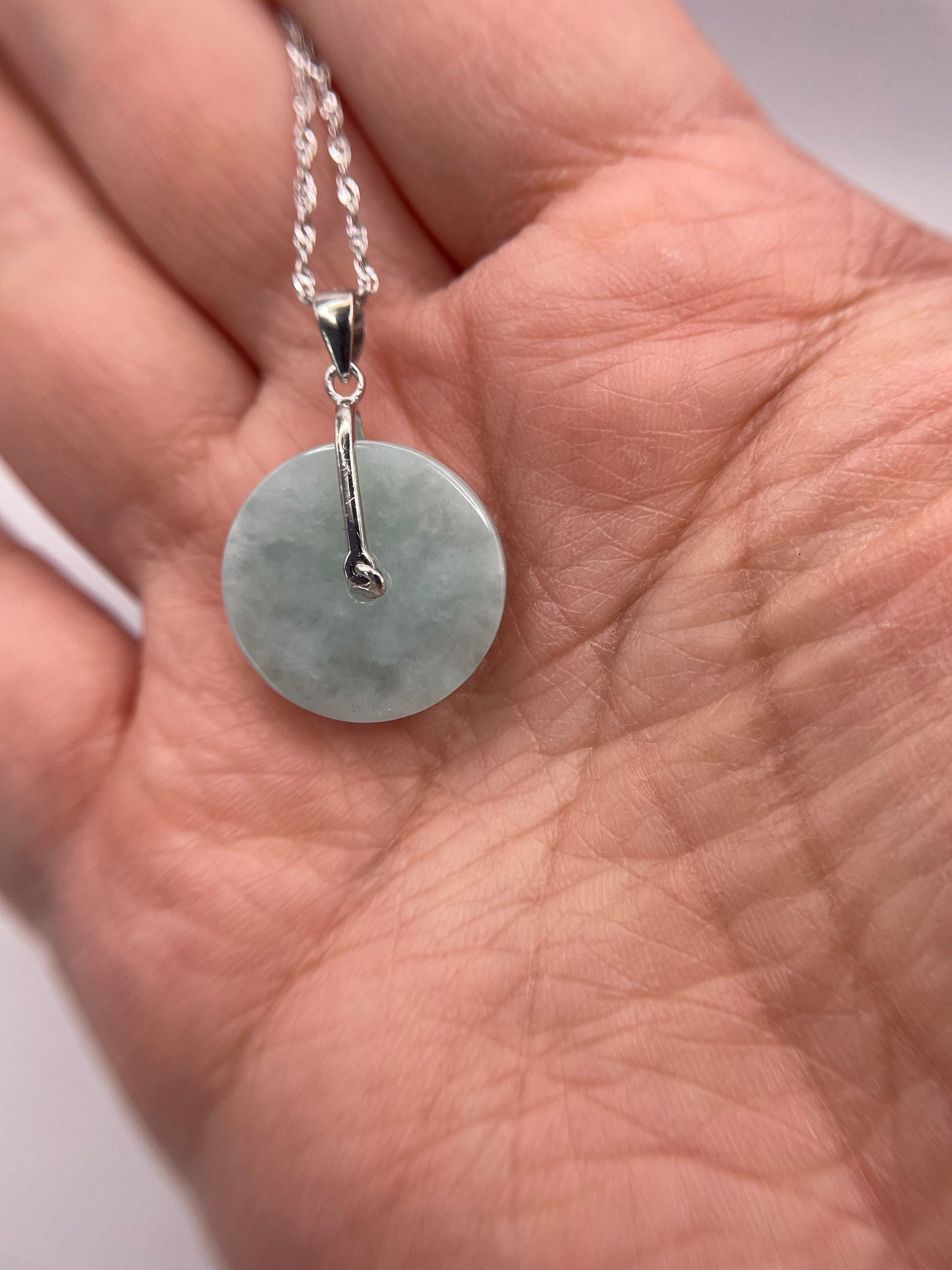 Grade A Natural  green Jadeite Pi Disc pendant silver necklace
