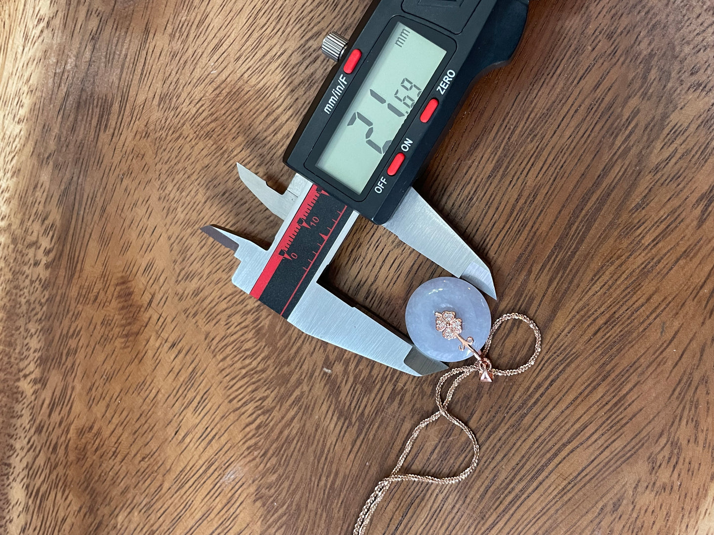 Grade A Natural Burma lavender Jadeite Pi Disc (peng on kou, donut) pendant with a sterling silver, rose gold plated four leaves clover bail