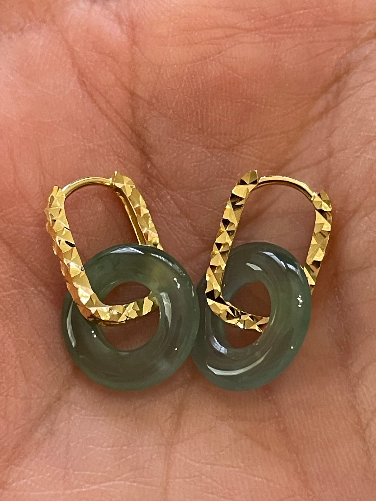 Natural Grade A Green Burmese Jadeite donut Gold overlay 925 silver hook earrings