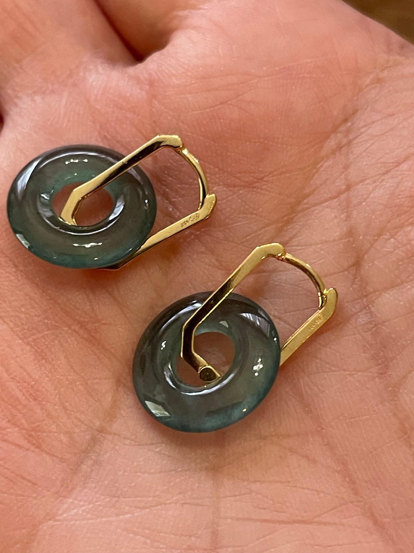 Natural Grade A Green Burmese Jadeite Donut Gold overlay 925 silver Hook earrings