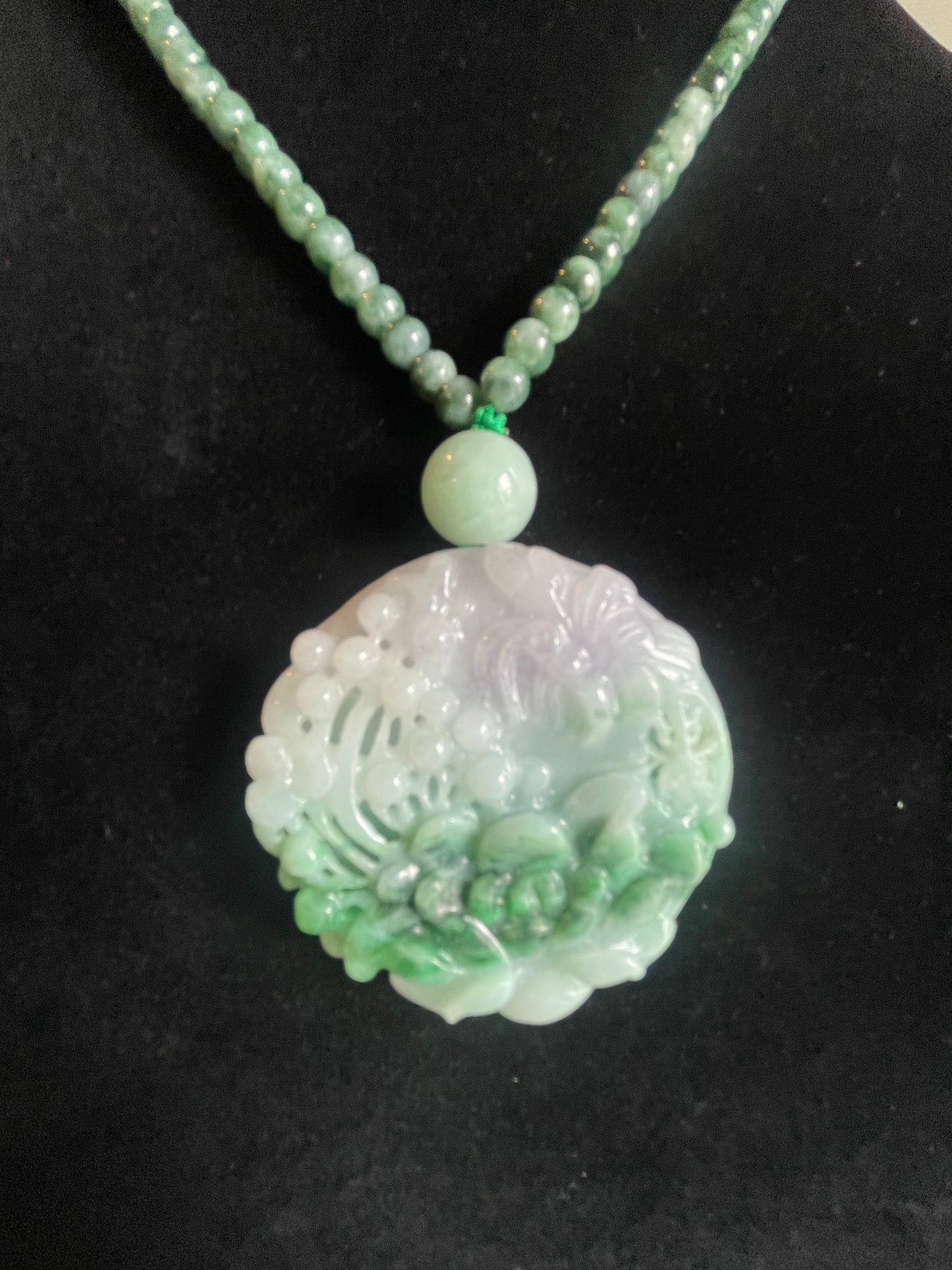 Natural Icy Green Burma Jadeite Round charm with green beads necklace