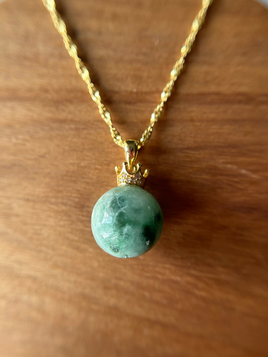 Grade A Natural Burma green  bead Jadeite with  Gold Plated Silver  Crown necklace