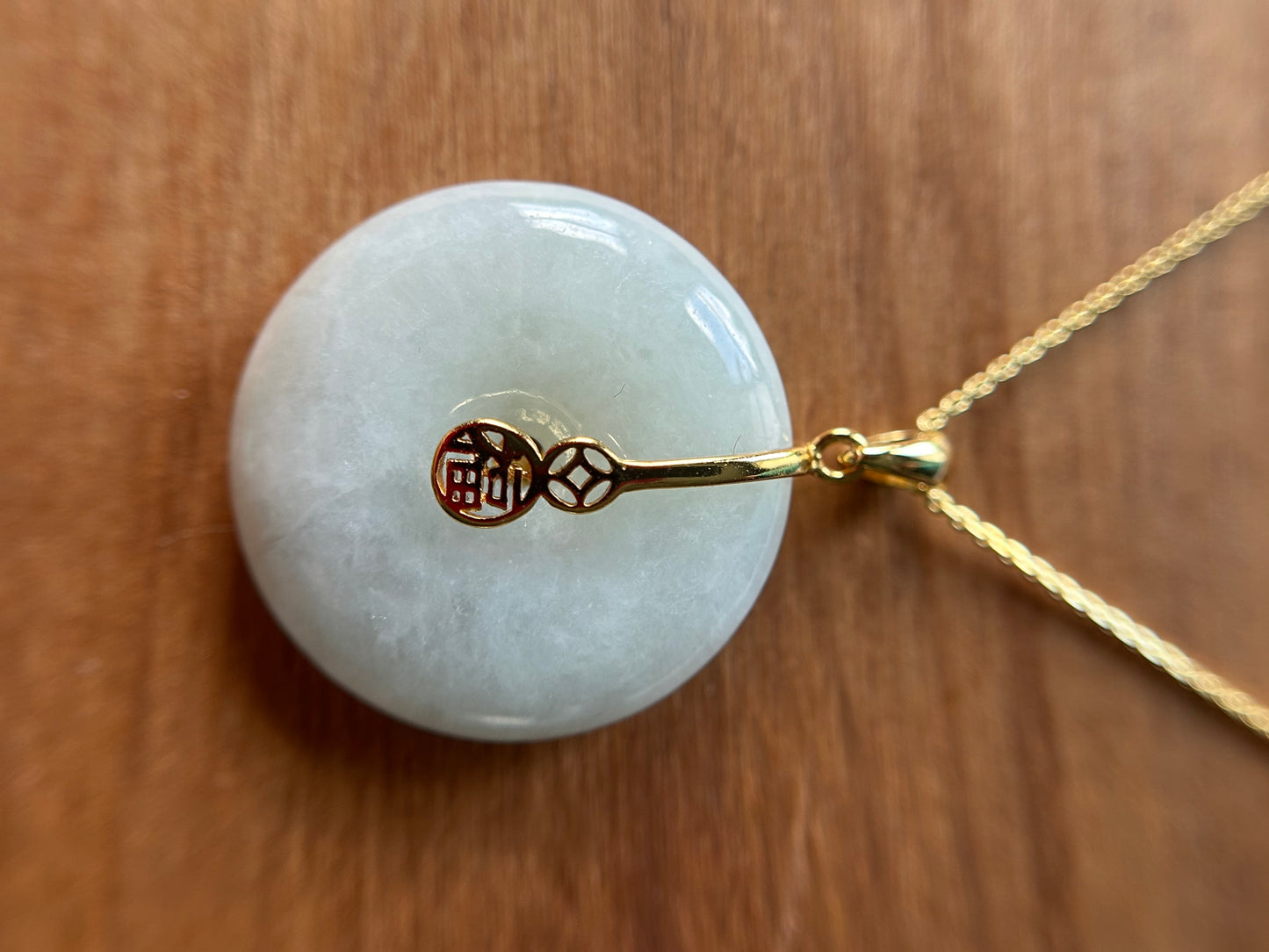 Grade A Natural green Jadeite Pi Disc ( peng on kou, donut) pendant with Gold over sterling silver  coin bail necklace