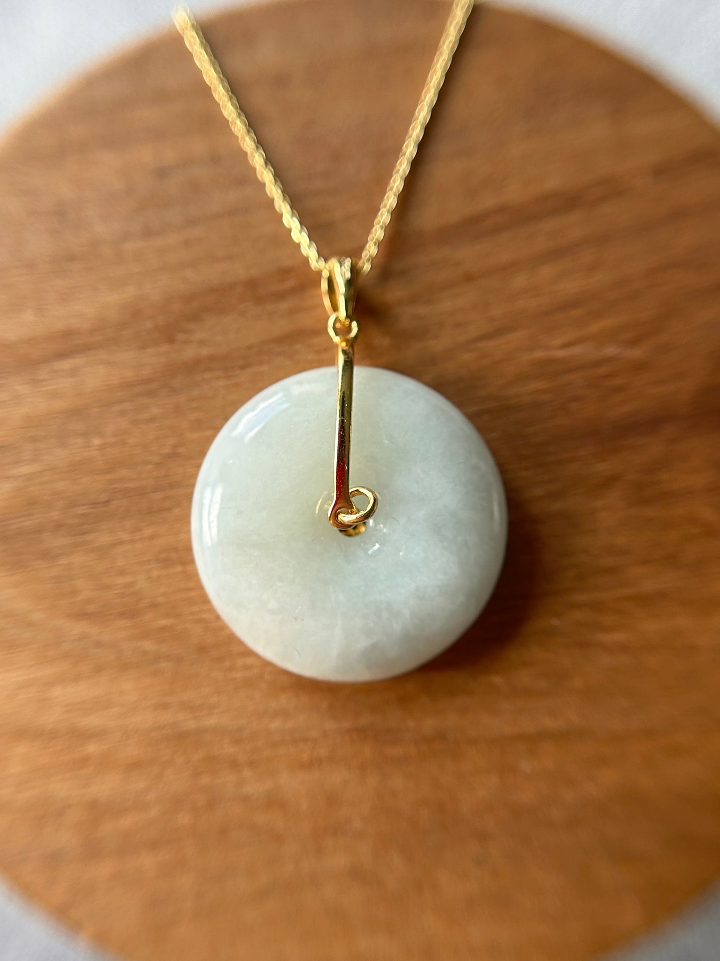 Grade A Natural green Jadeite Pi Disc ( peng on kou, donut) pendant with Gold over sterling silver coin bail necklace