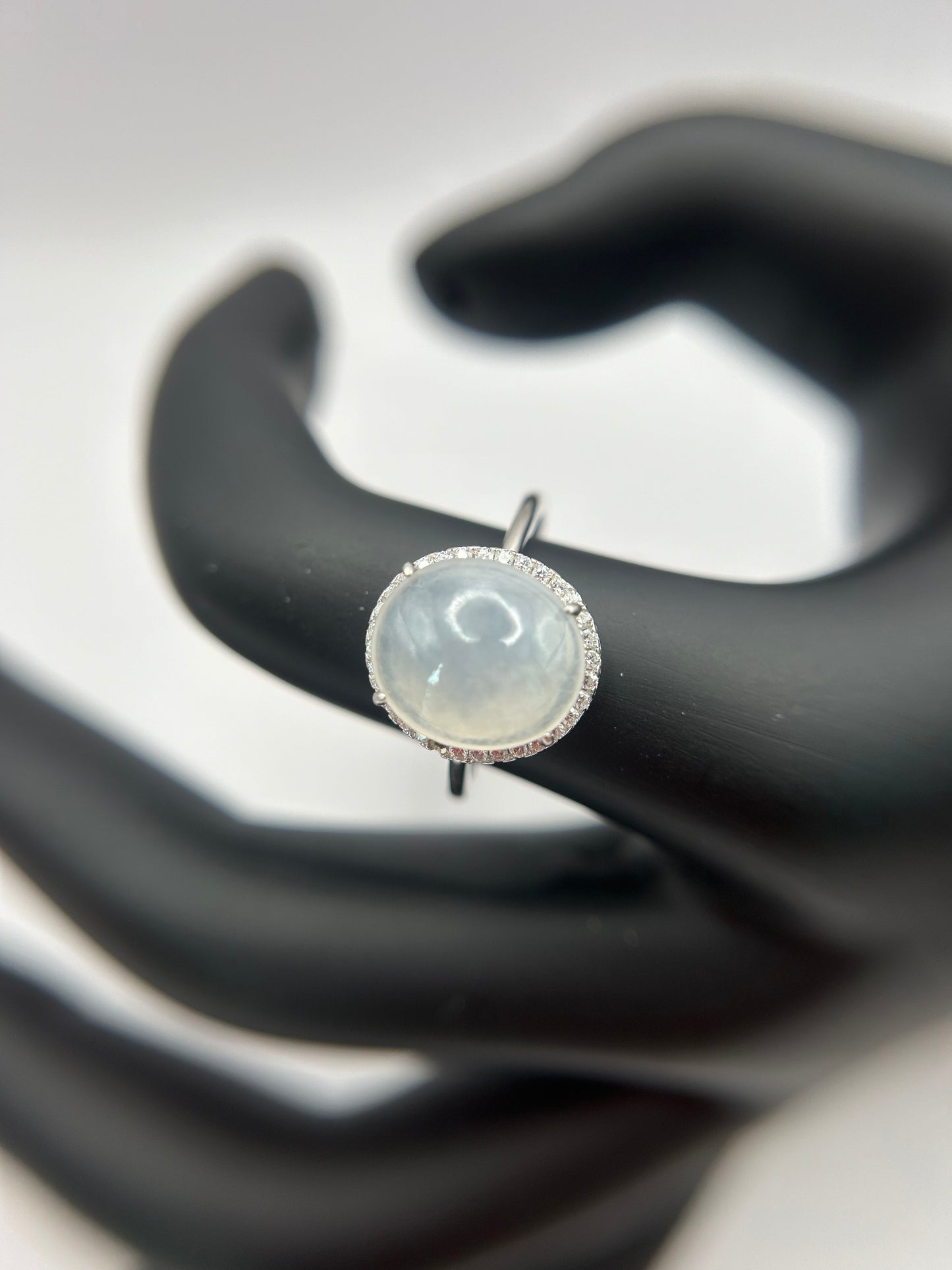 Natural grade A Burmese Icy Jadeite cabochon with Cubic Zirconia Silver Ring