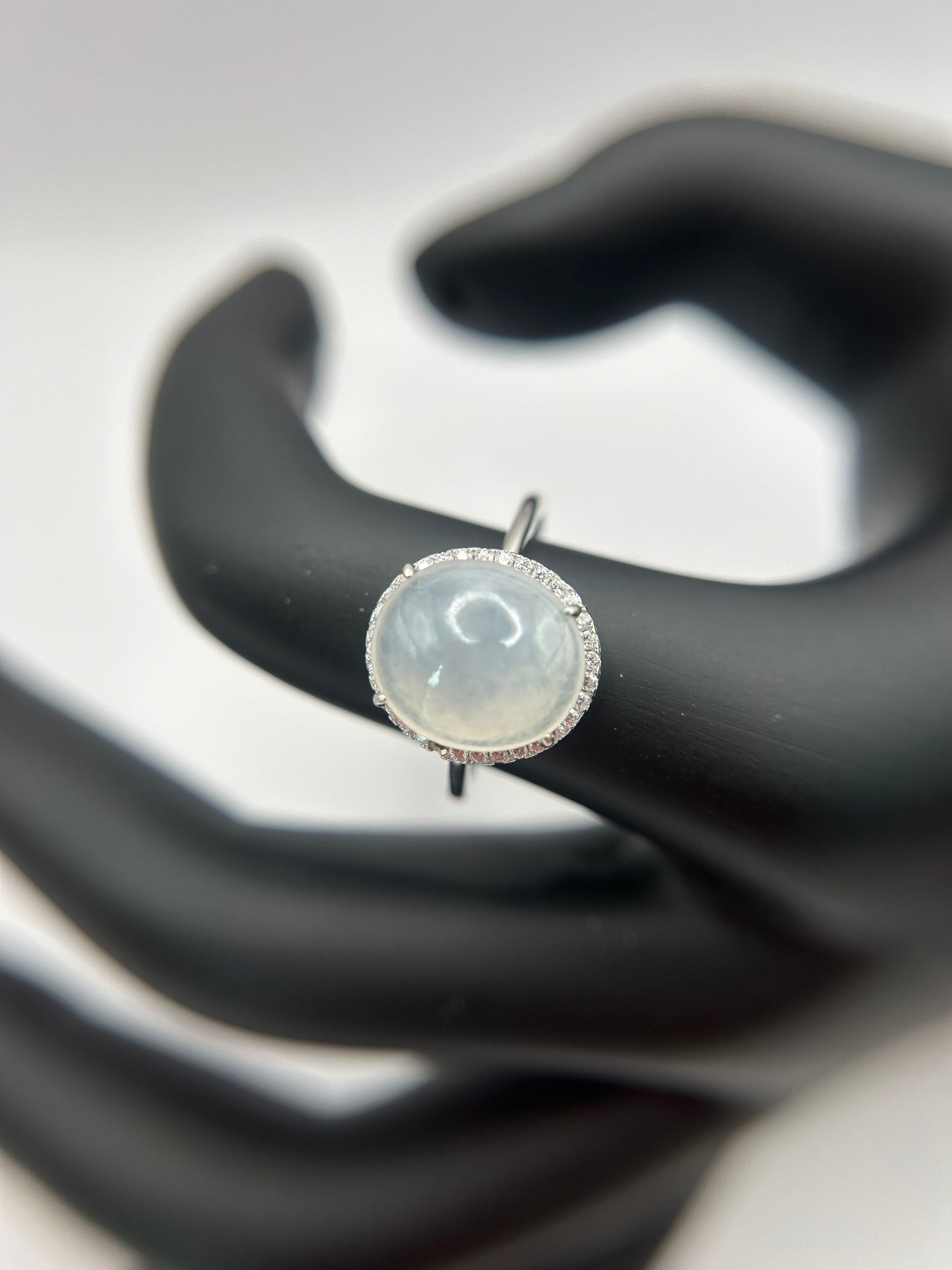 Natural grade A Burmese Icy Jadeite cabochon with Cubic Zirconia Silver Ring