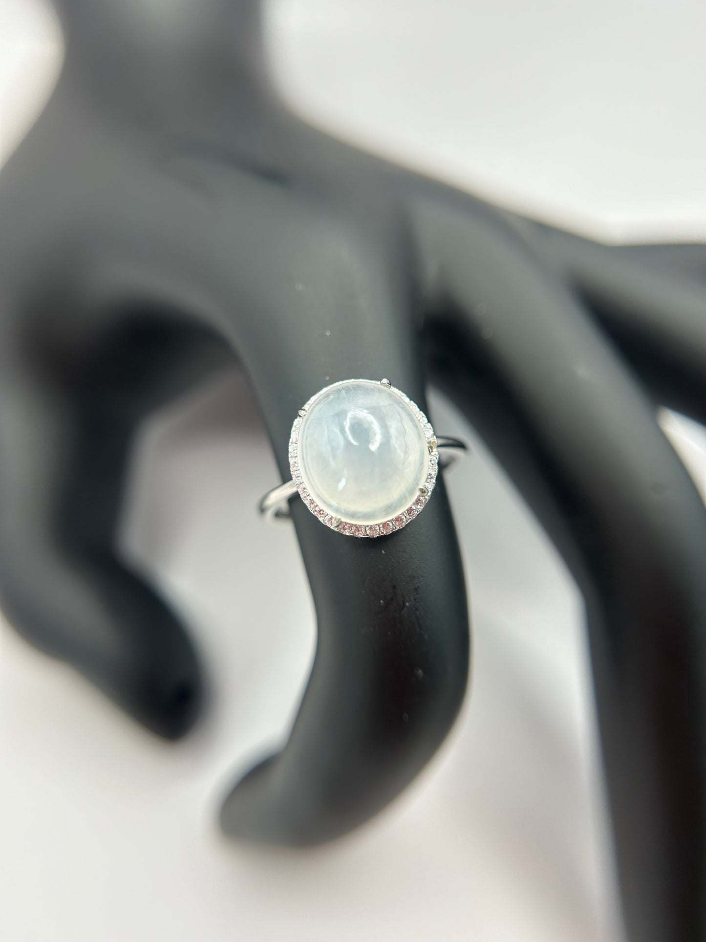 Natural grade A Burmese Icy Jadeite cabochon with Cubic Zirconia Silver Ring