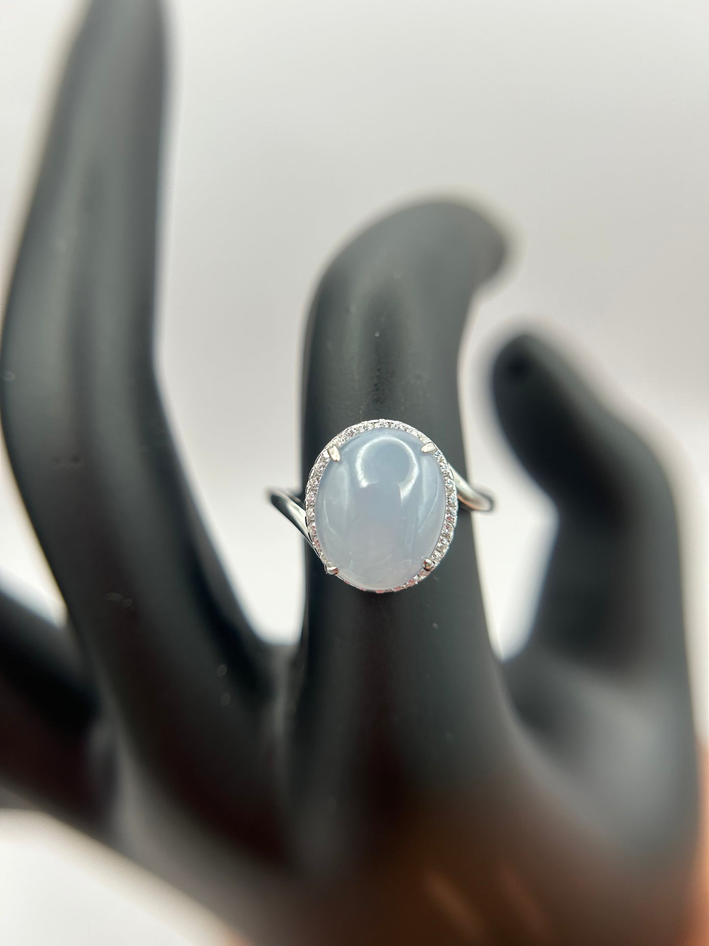 Natural grade A Burmese Icy Jadeite cabochon with Cubic Zirconia Silver Ring