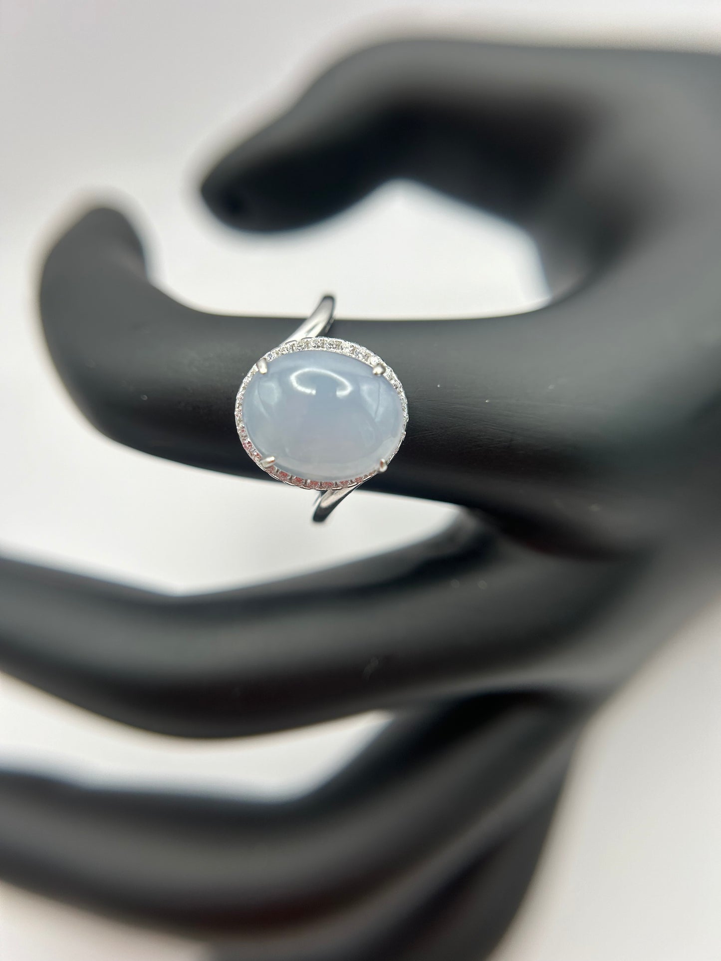 Natural grade A Burmese Icy Jadeite cabochon with Cubic Zirconia Silver Ring