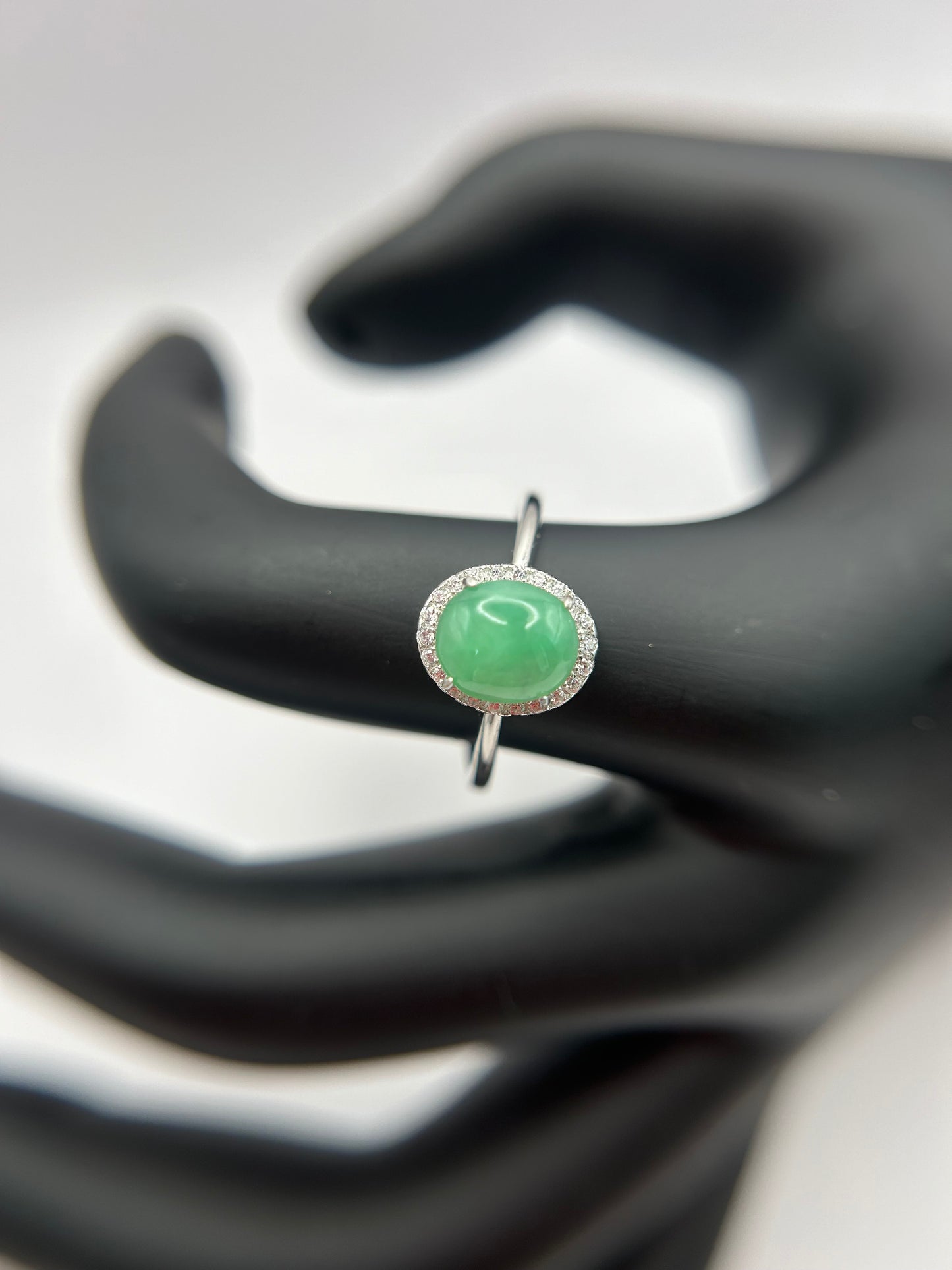 Natural grade A Burmese Green Jadeite cabochon with Cubic Zirconia Silver Ring