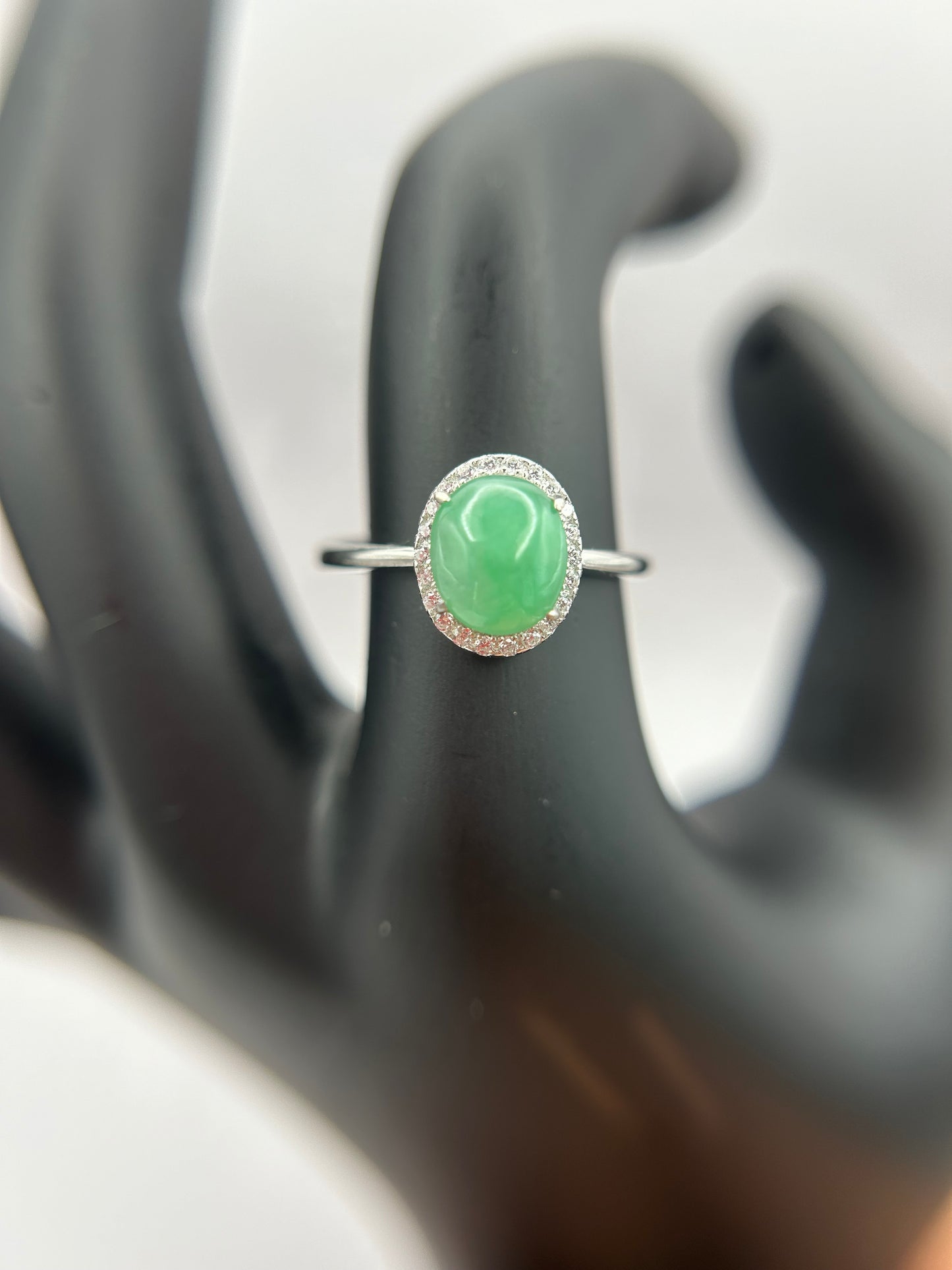 Natural grade A Burmese Green Jadeite cabochon with Cubic Zirconia Silver Ring