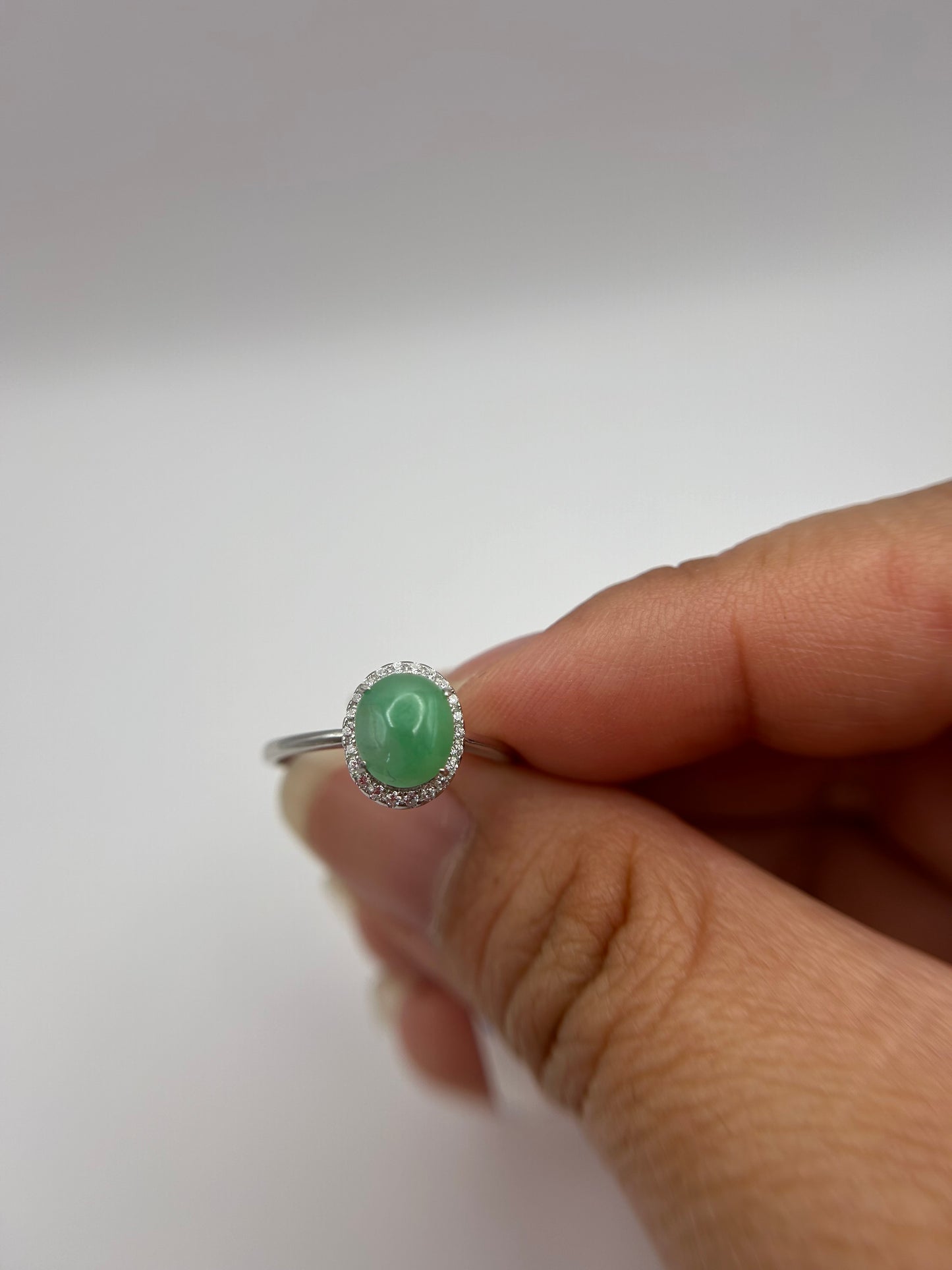 Natural grade A Burmese Green Jadeite cabochon with Cubic Zirconia Silver Ring