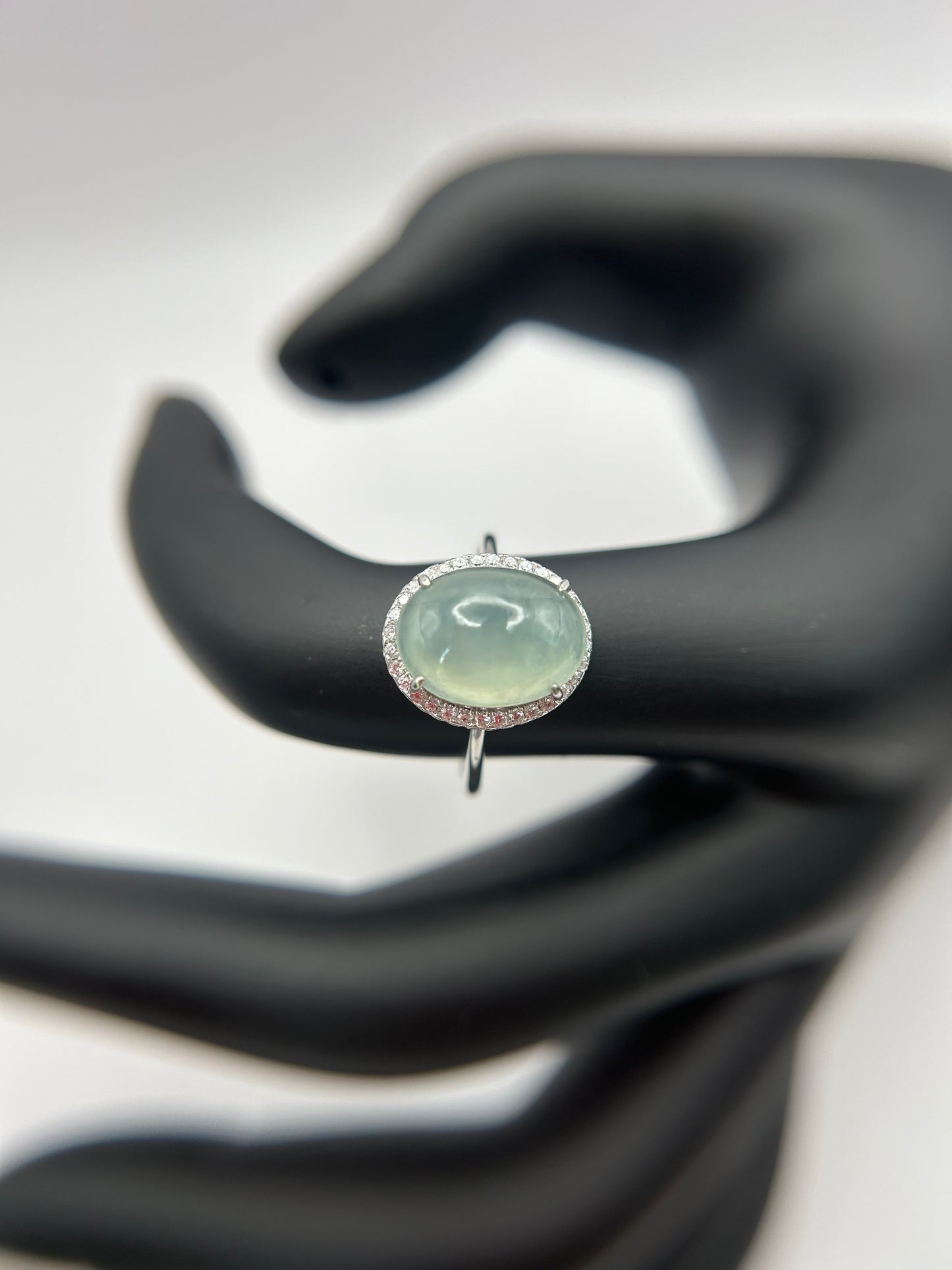 Natural grade A Burmese Green Jadeite cabochon with Cubic Zirconia Silver Ring