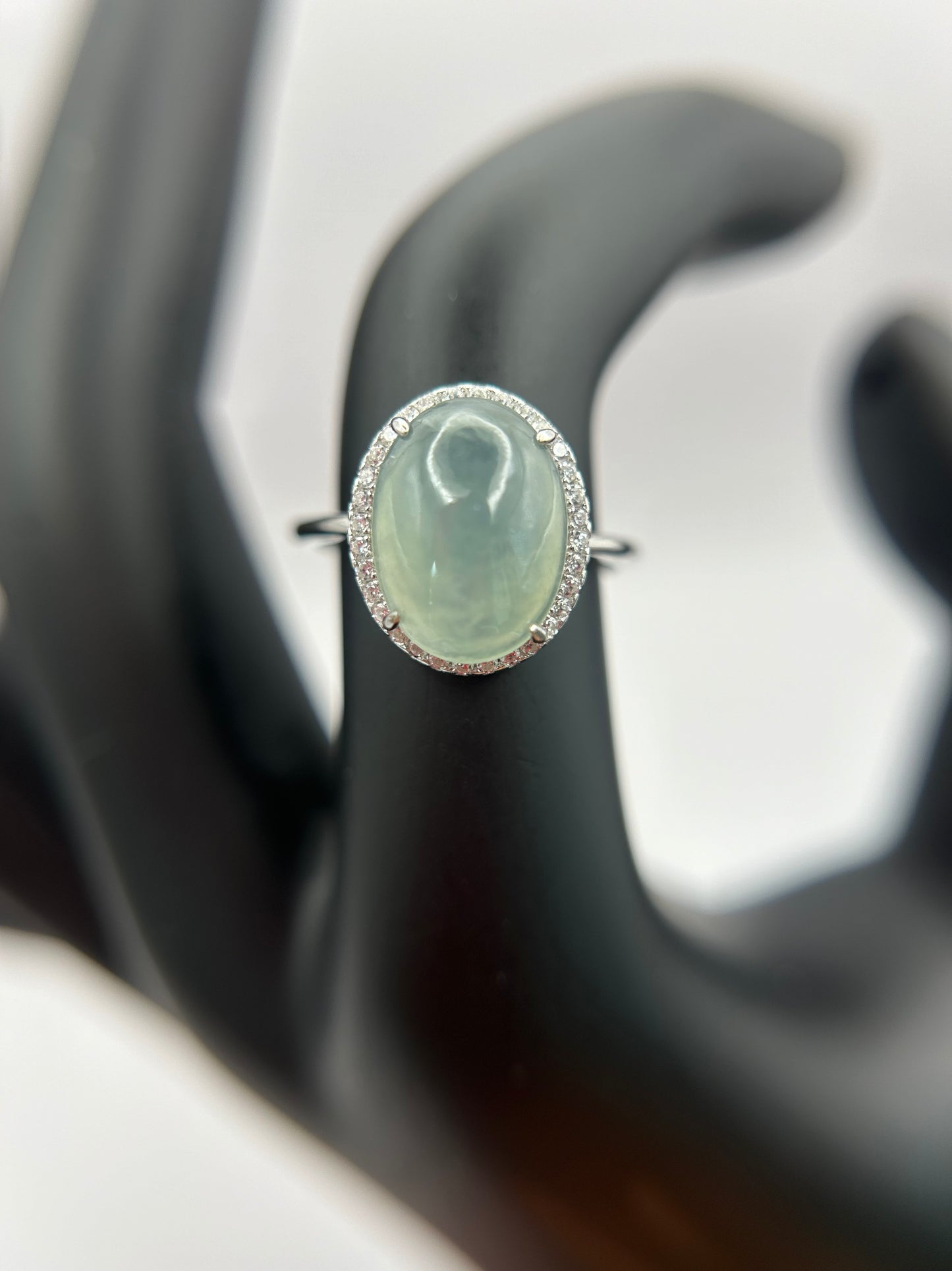 Natural grade A Burmese Green Jadeite cabochon with Cubic Zirconia Silver Ring
