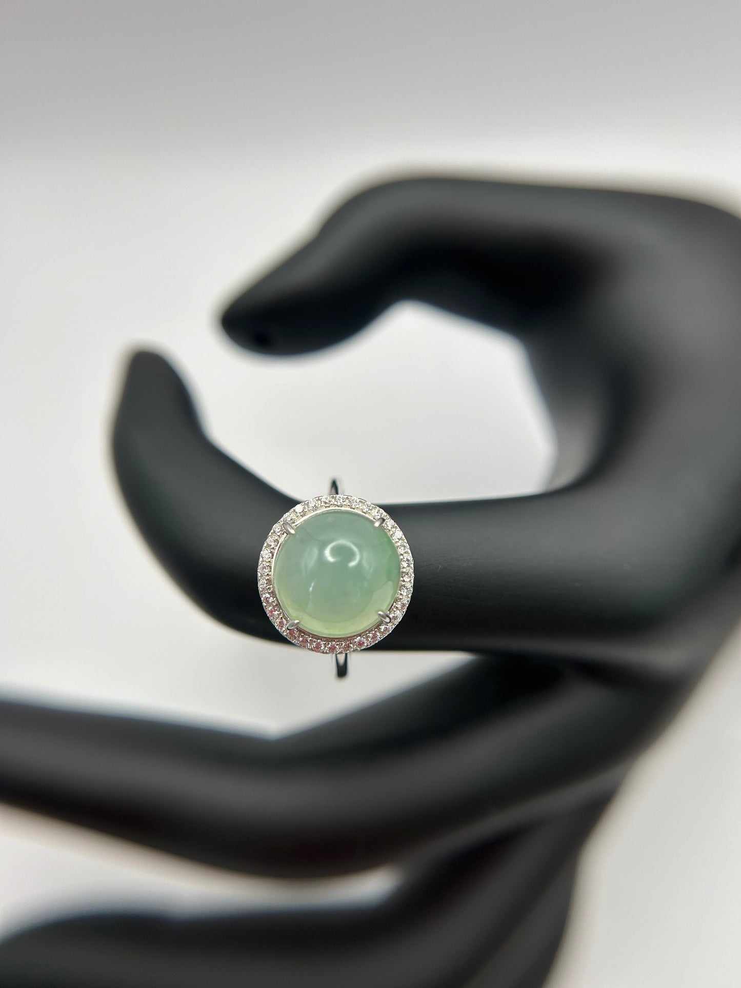 Natural grade A Burmese Green Jadeite cabochon with Cubic Zirconia Silver Ring